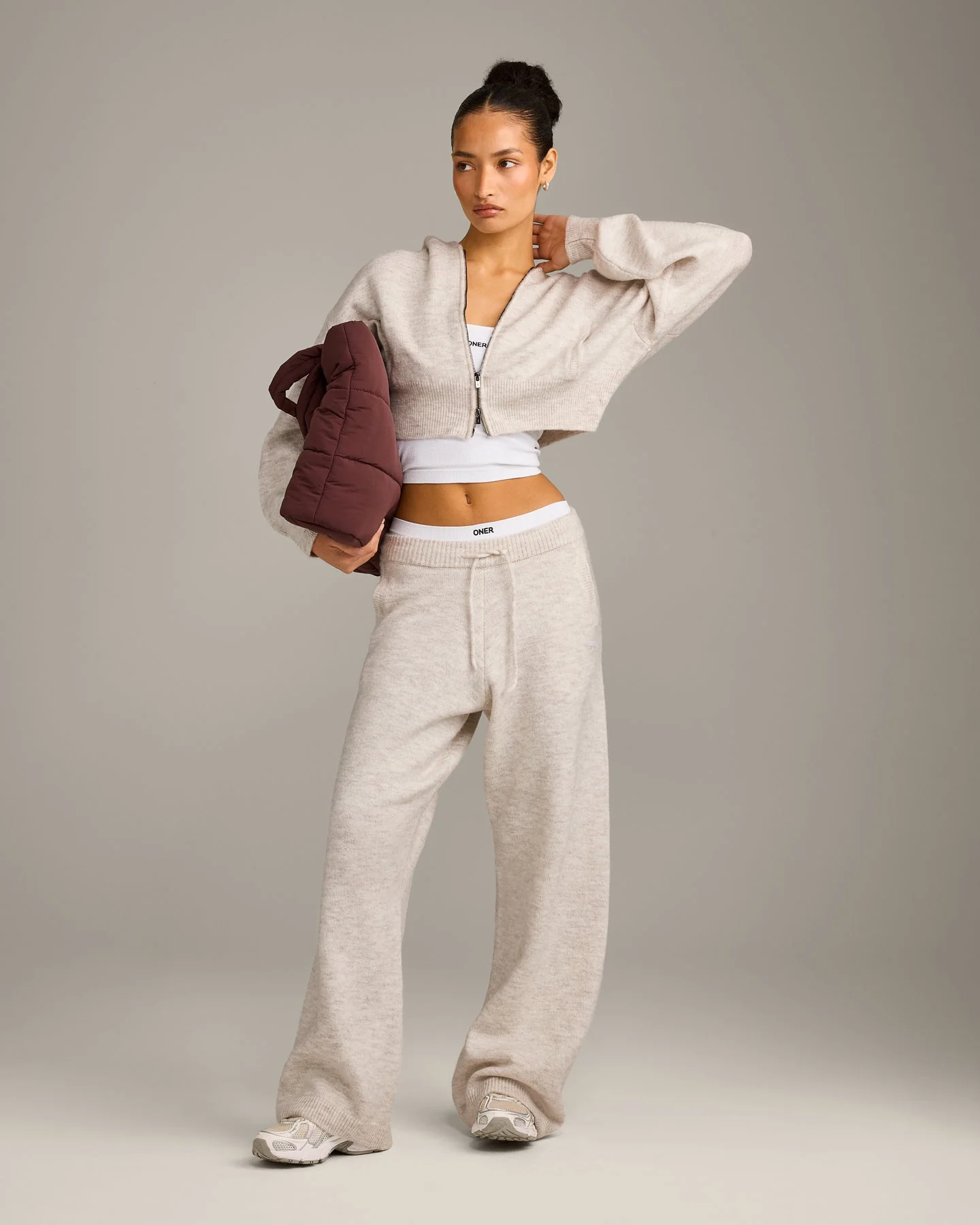 Oversized Knit Zip Through Mid Hoodie | Oat Marl - Image 3