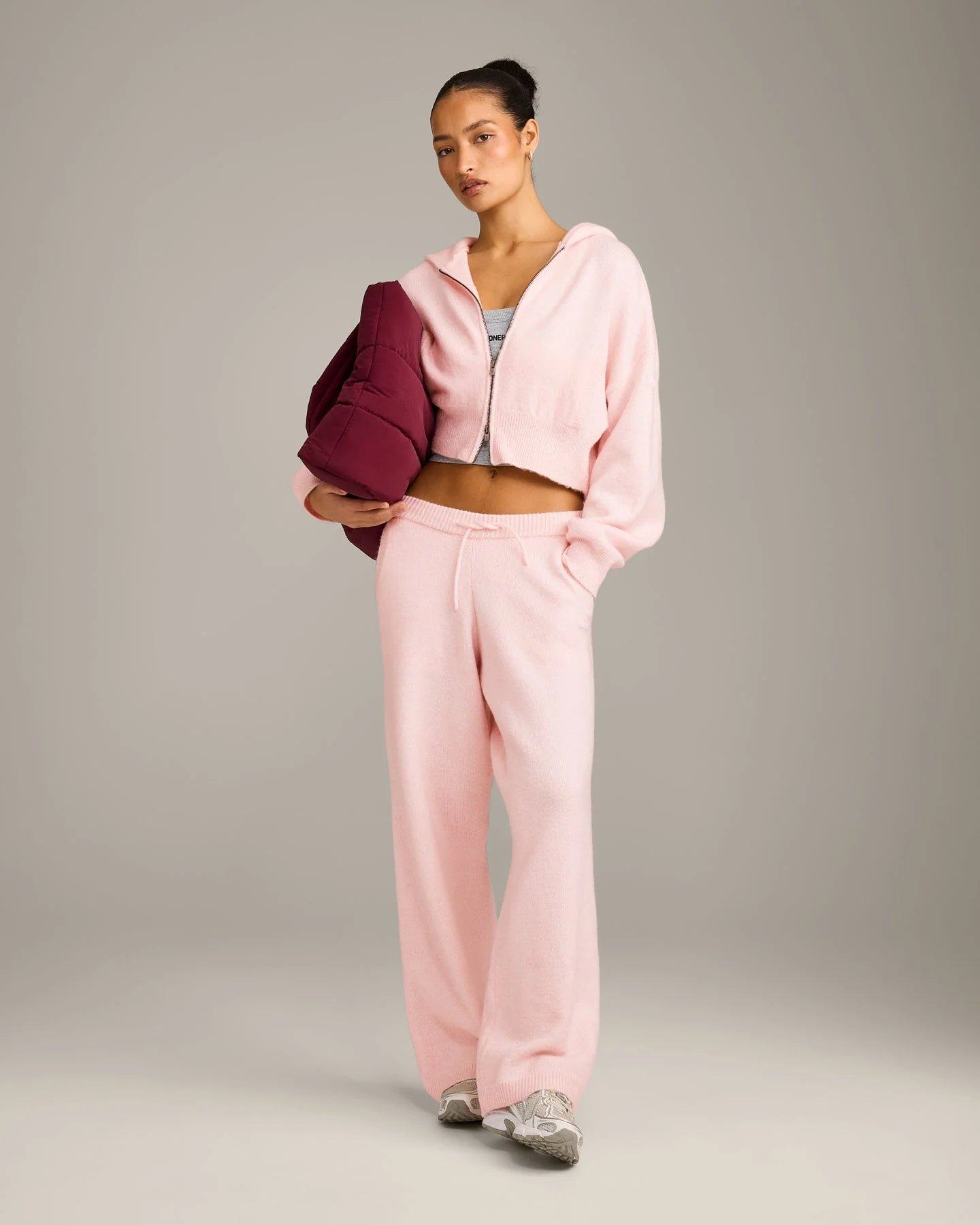 Oversized Knit Zip Through Mid Hoodie | Soft Girl Pink - Image 3
