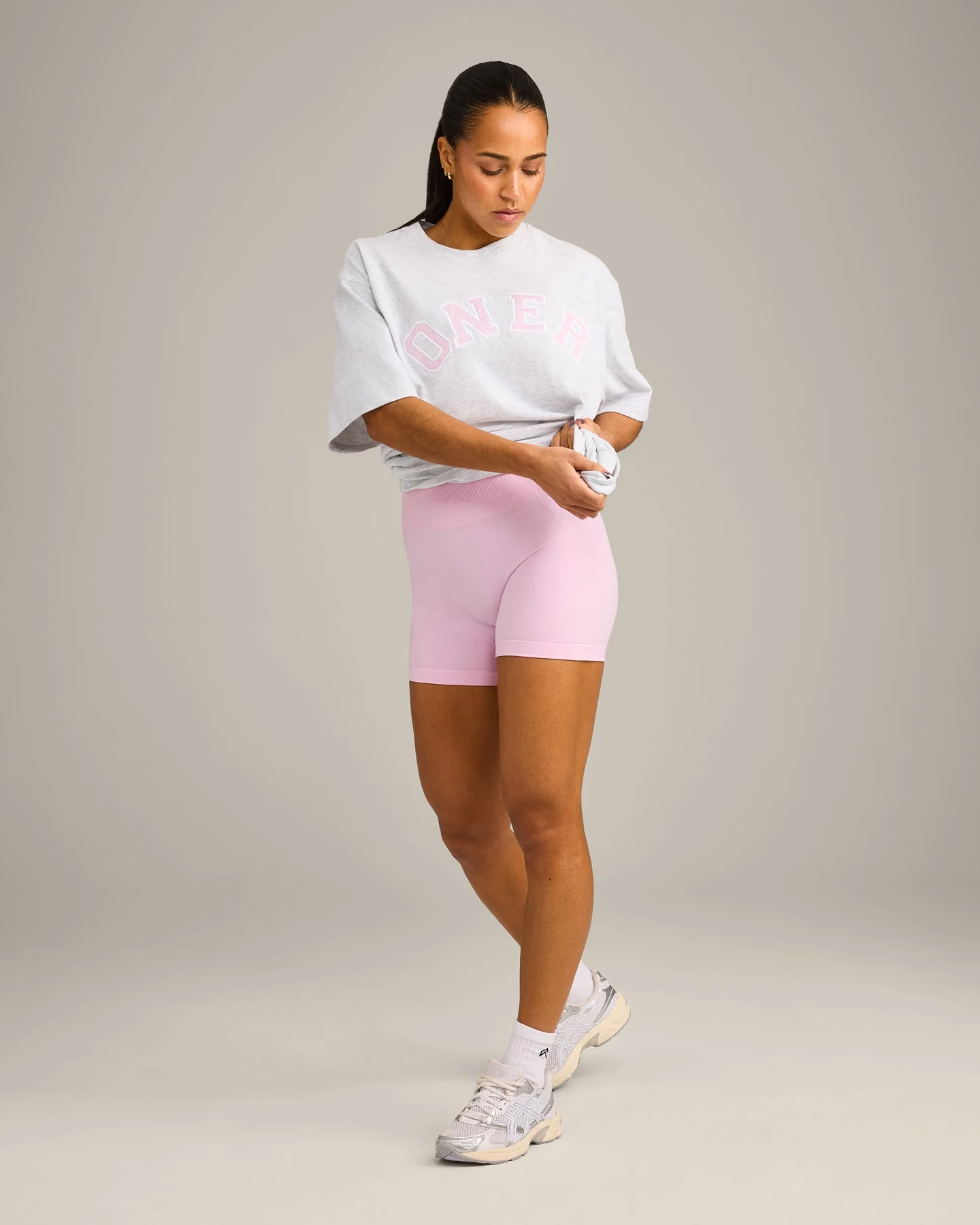 Oversized Oner Girlfriend Washed T-Shirt | Light Grey Marl/Chalk Pink - Image 3