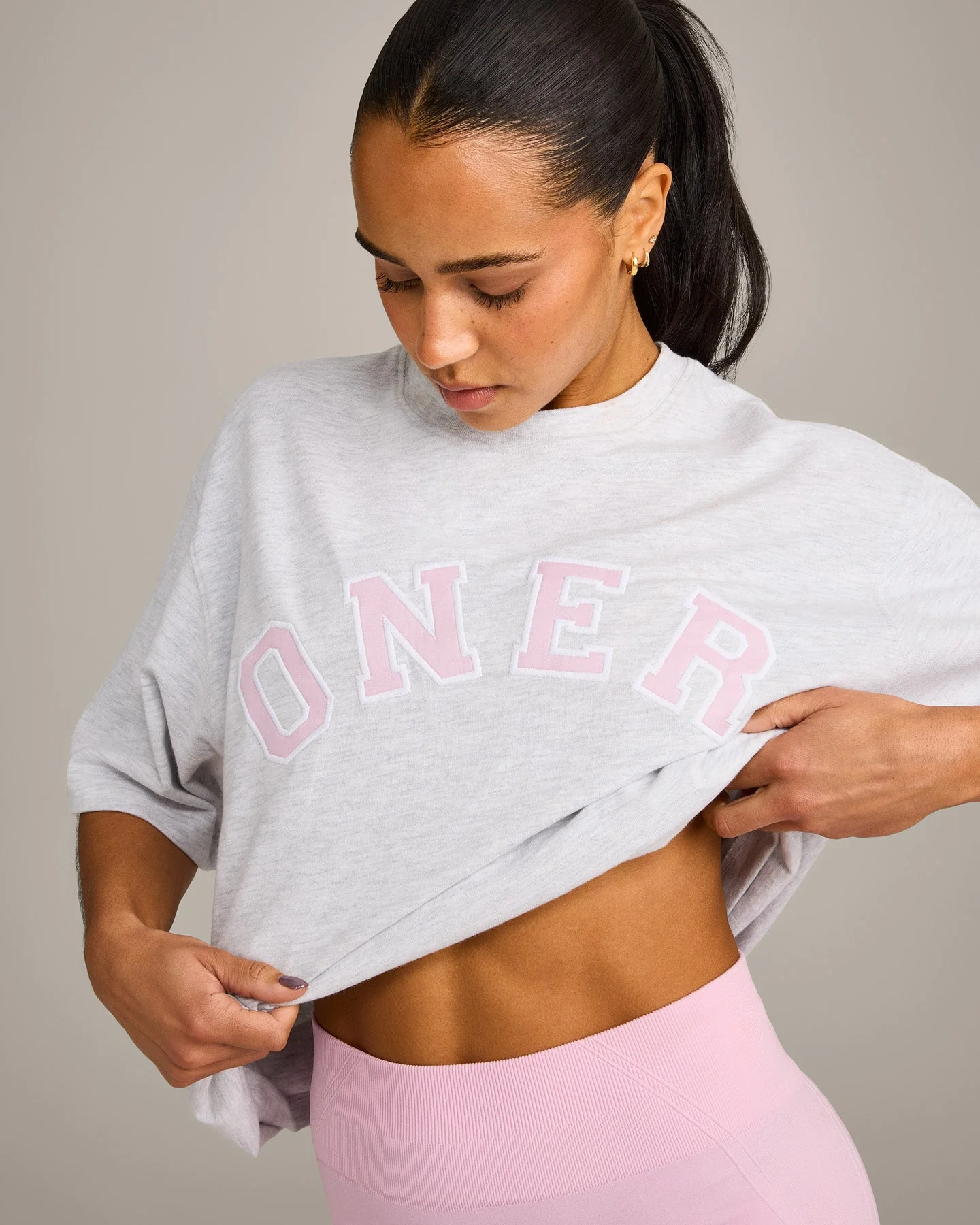 Oversized Oner Girlfriend Washed T-Shirt | Light Grey Marl/Chalk Pink - Image 5
