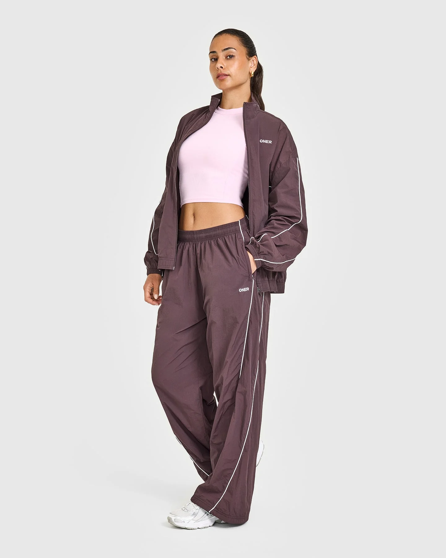 Oversized Piped Woven Straight Leg Track Bottoms | Deep Umber Brown - Image 3