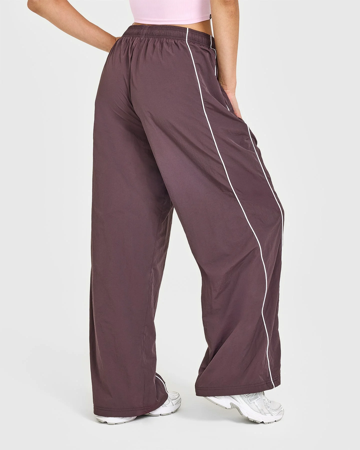 Oversized Piped Woven Straight Leg Track Bottoms | Deep Umber Brown - Image 6