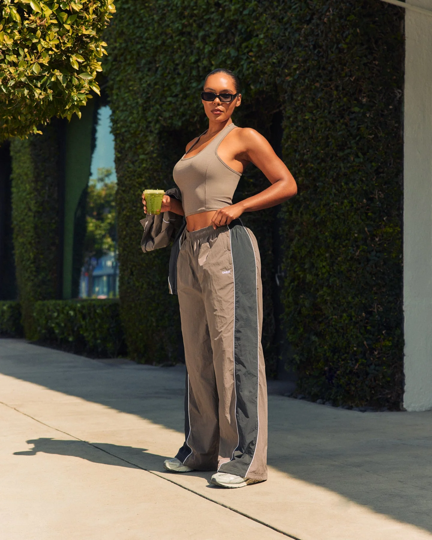 Oversized Piped Woven Straight Leg Track Bottoms | Moss Brown - Image 2