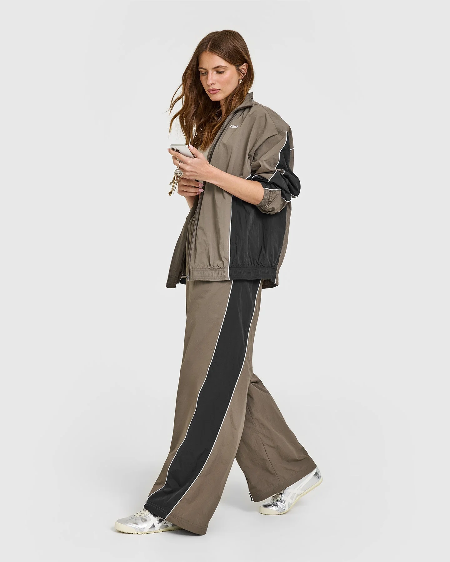Oversized Piped Woven Straight Leg Track Bottoms | Moss Brown - Image 3