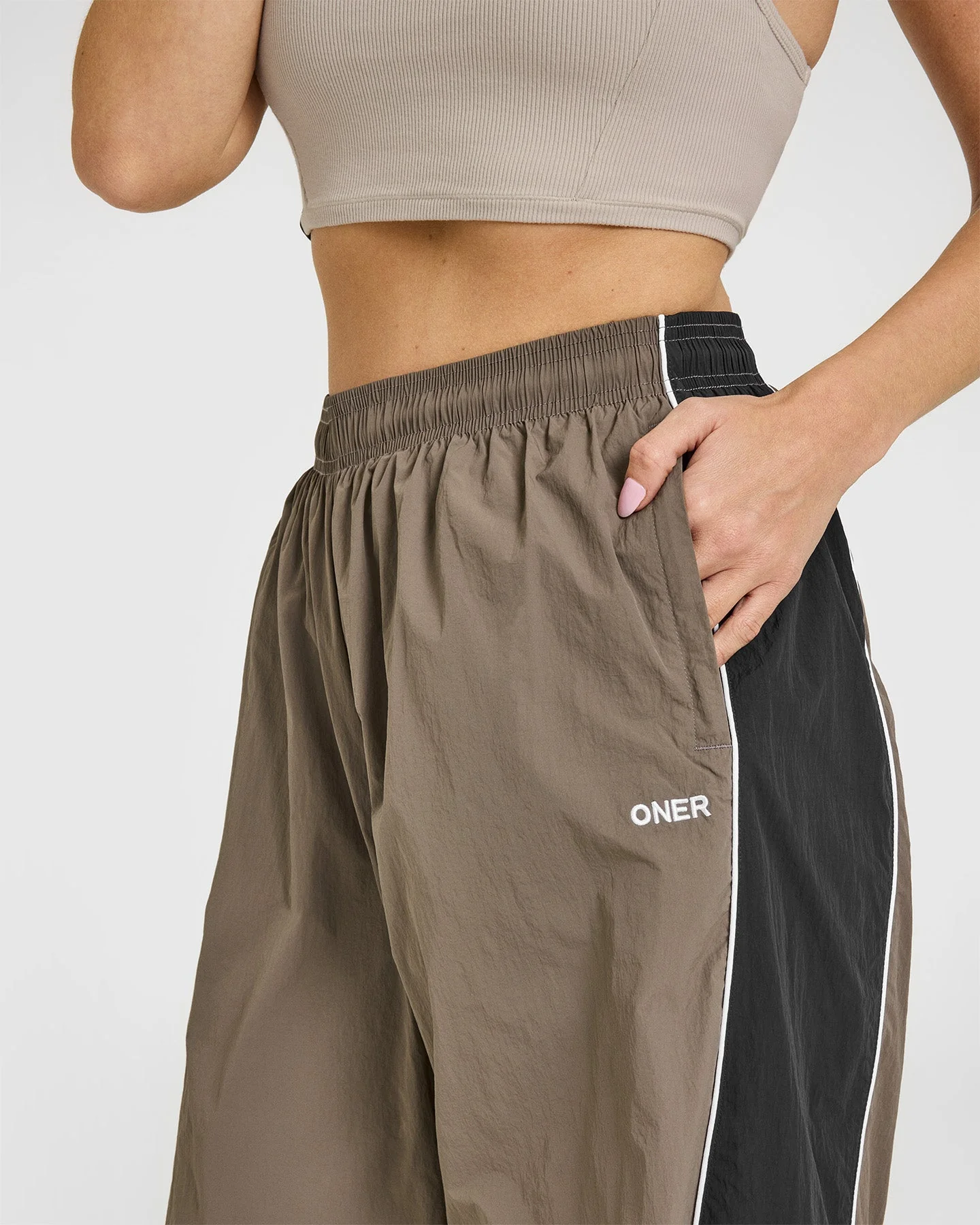 Oversized Piped Woven Straight Leg Track Bottoms | Moss Brown - Image 5