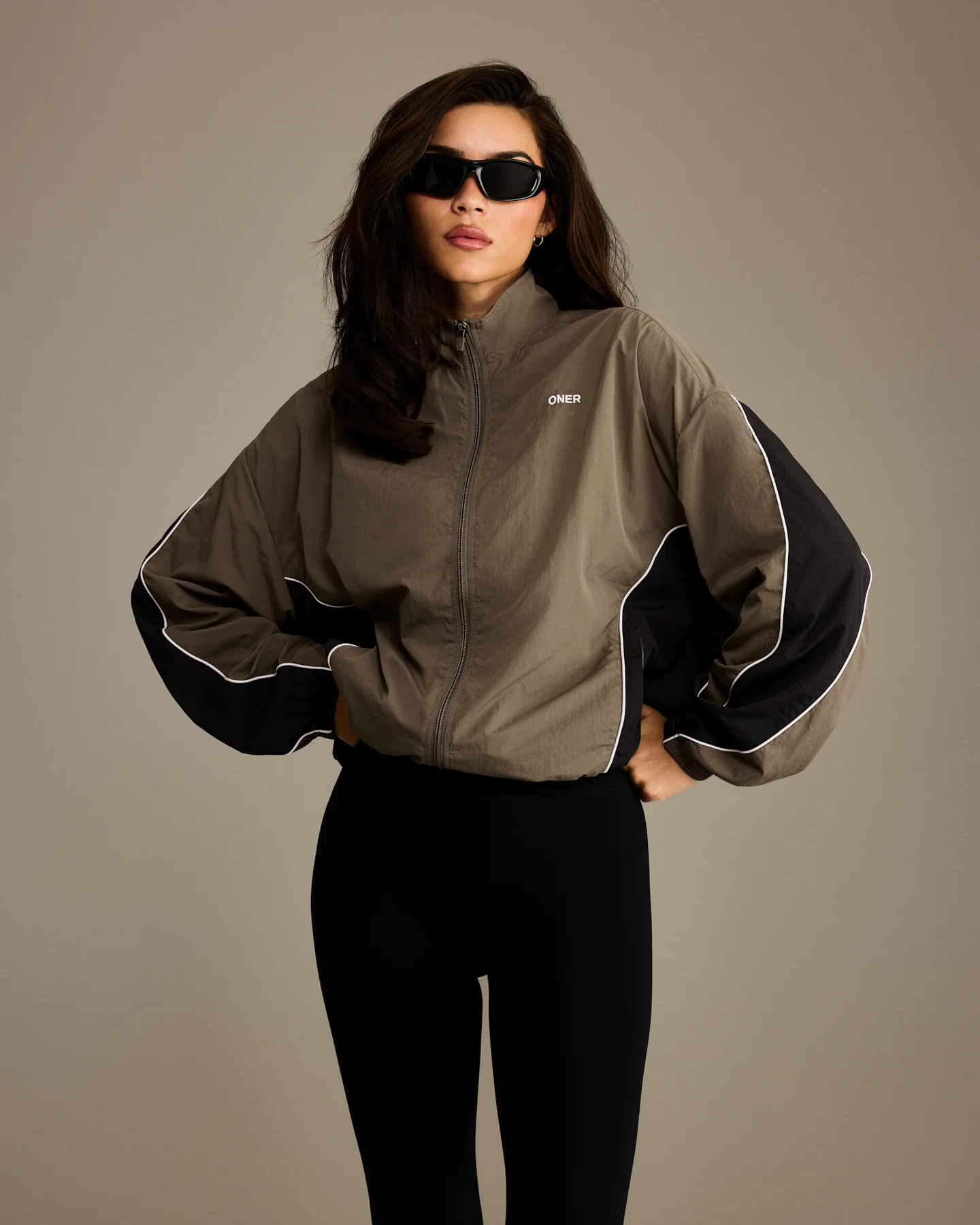 Oversized Piped Woven Track Jacket | Moss Brown - Image 2