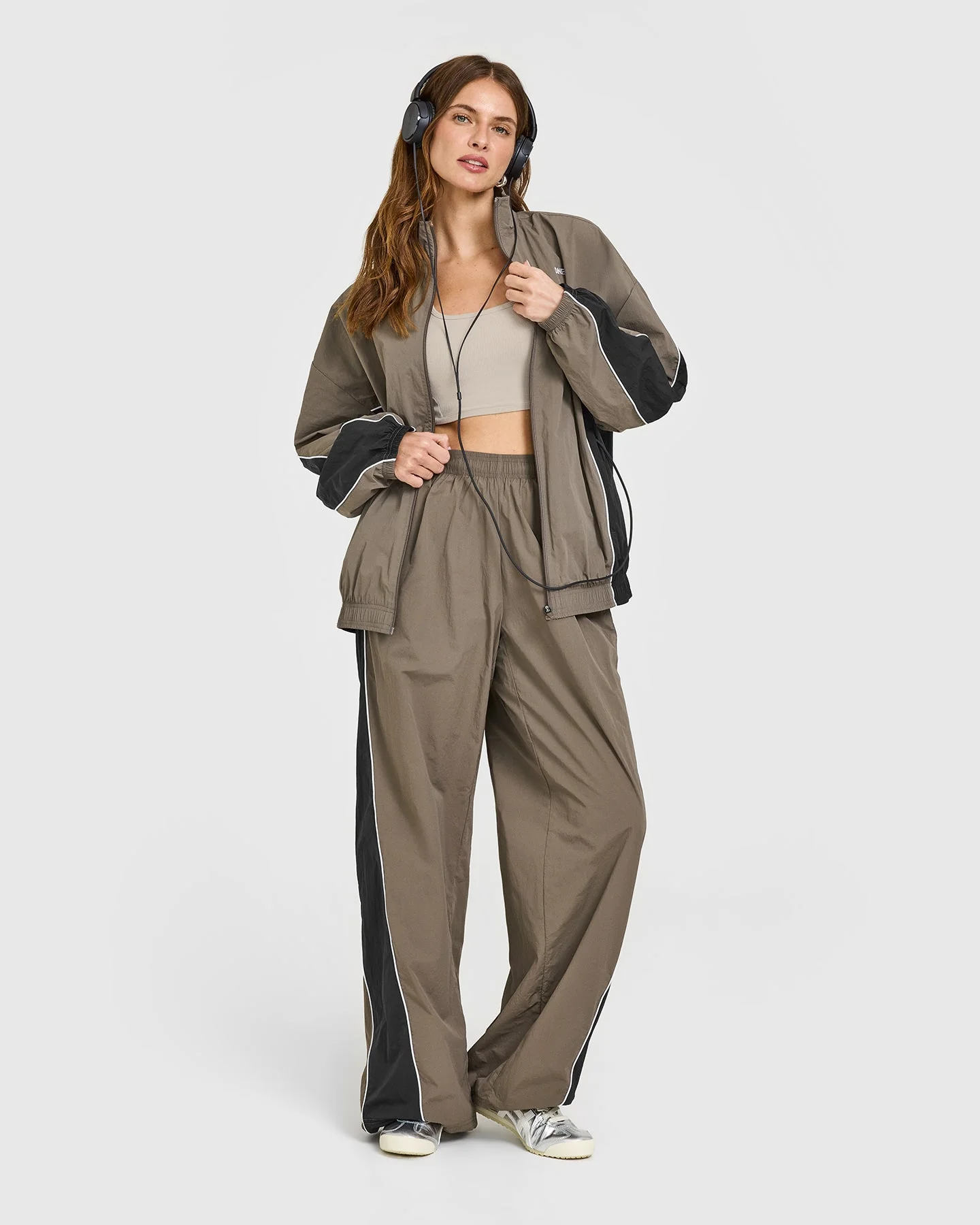 Oversized Piped Woven Track Jacket | Moss Brown - Image 3