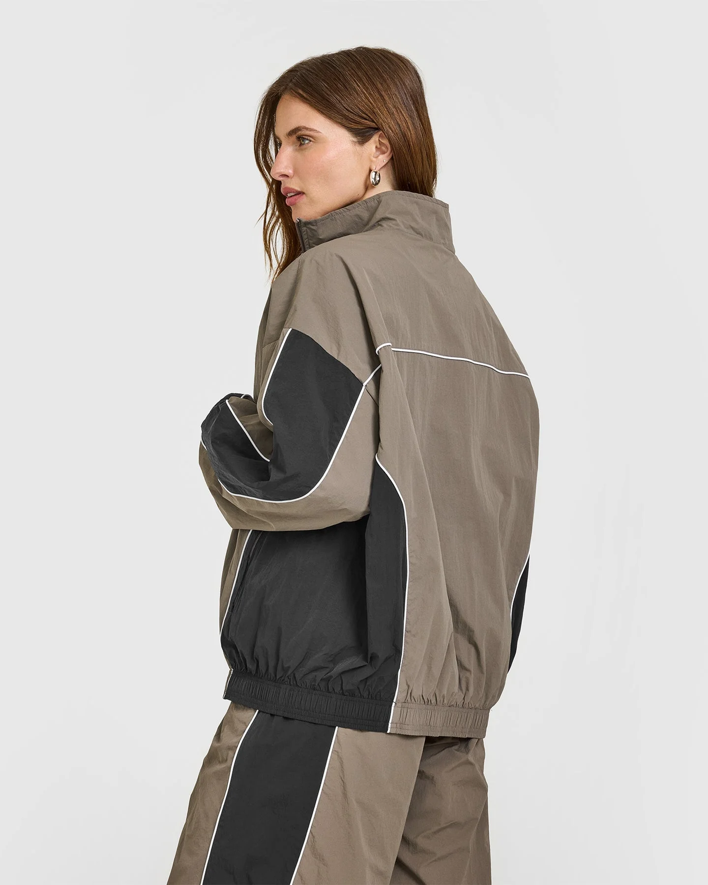 Oversized Piped Woven Track Jacket | Moss Brown - Image 4