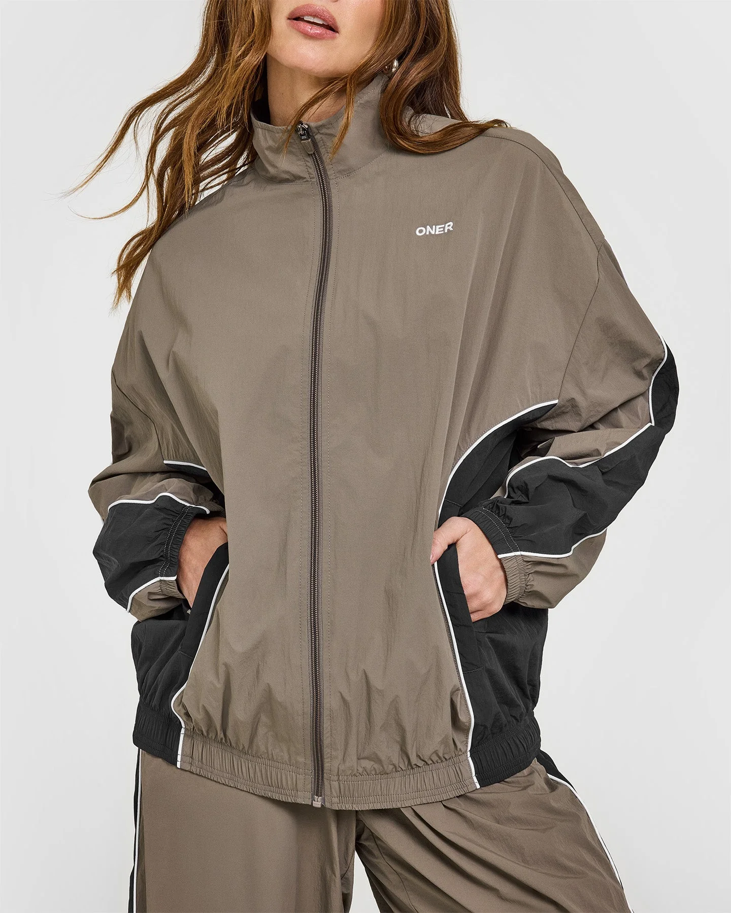 Oversized Piped Woven Track Jacket | Moss Brown - Image 5