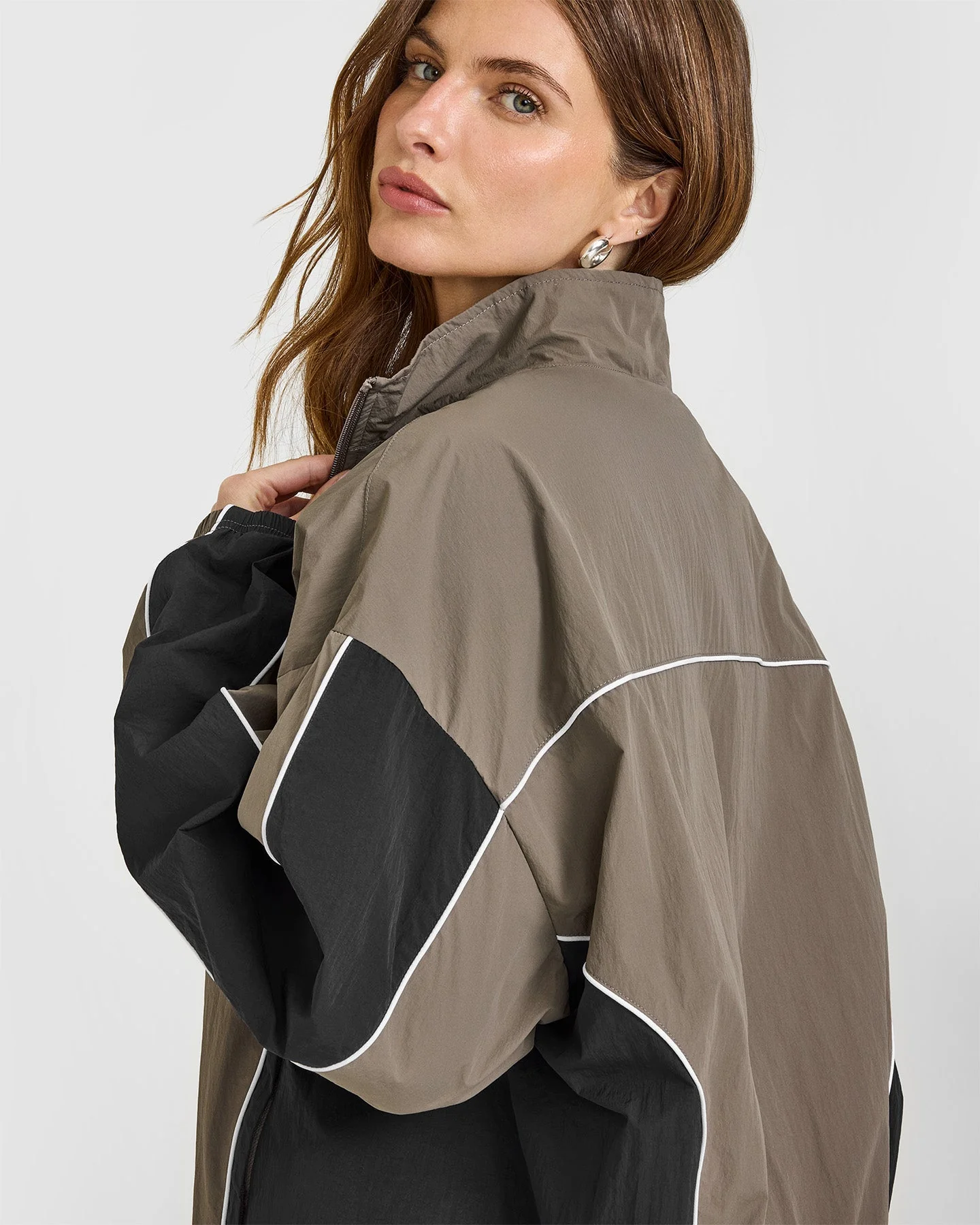 Oversized Piped Woven Track Jacket | Moss Brown - Image 6