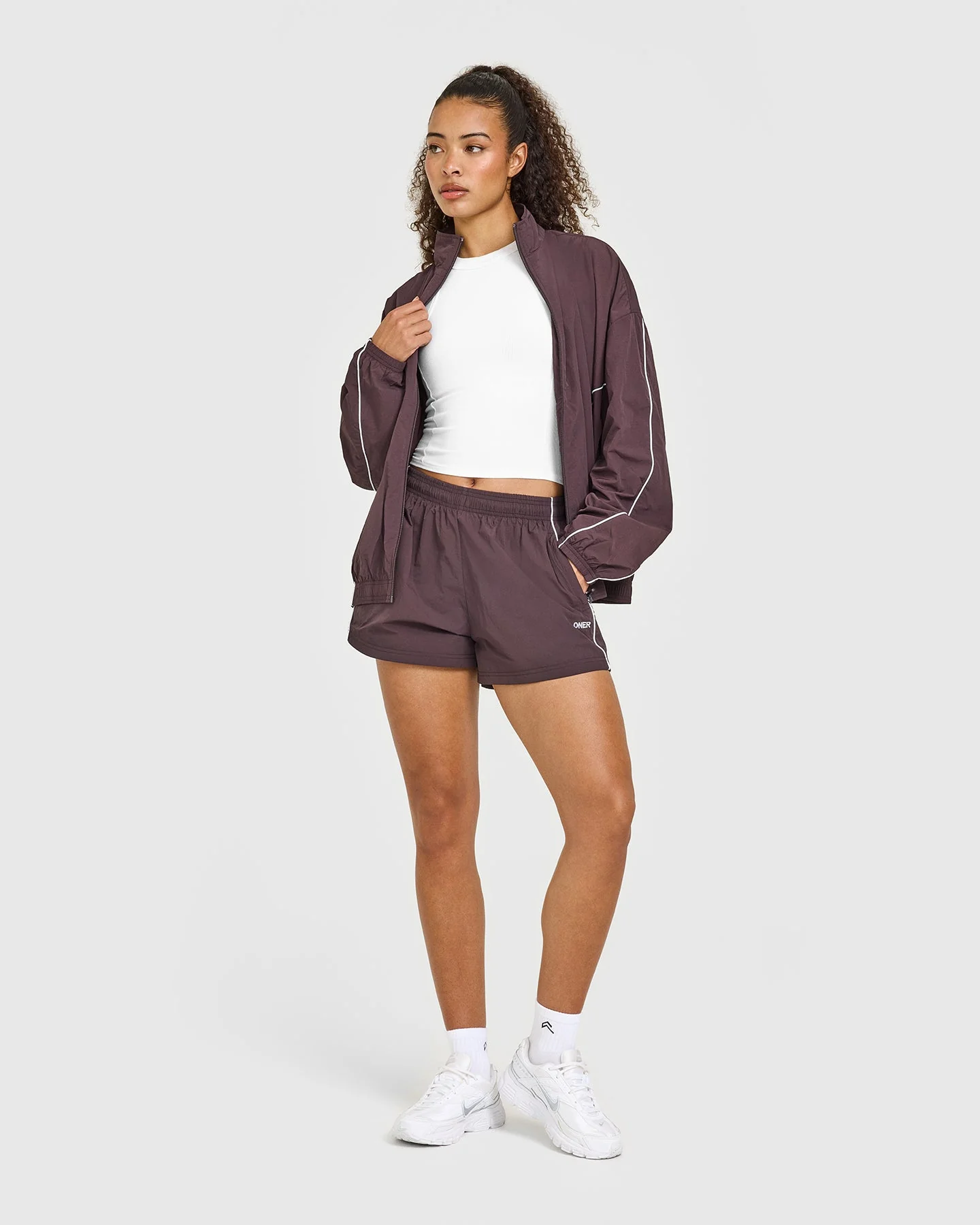 Oversized Piped Woven Track Shorts | Deep Umber Brown - Image 3