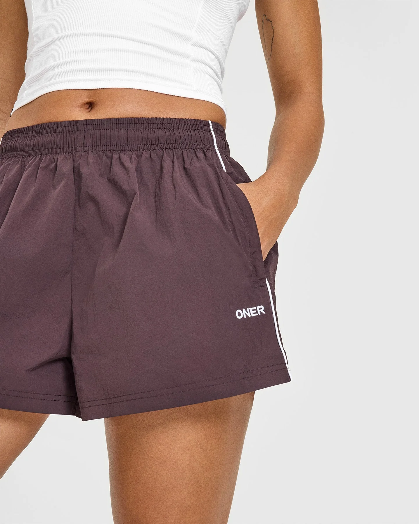 Oversized Piped Woven Track Shorts | Deep Umber Brown - Image 5
