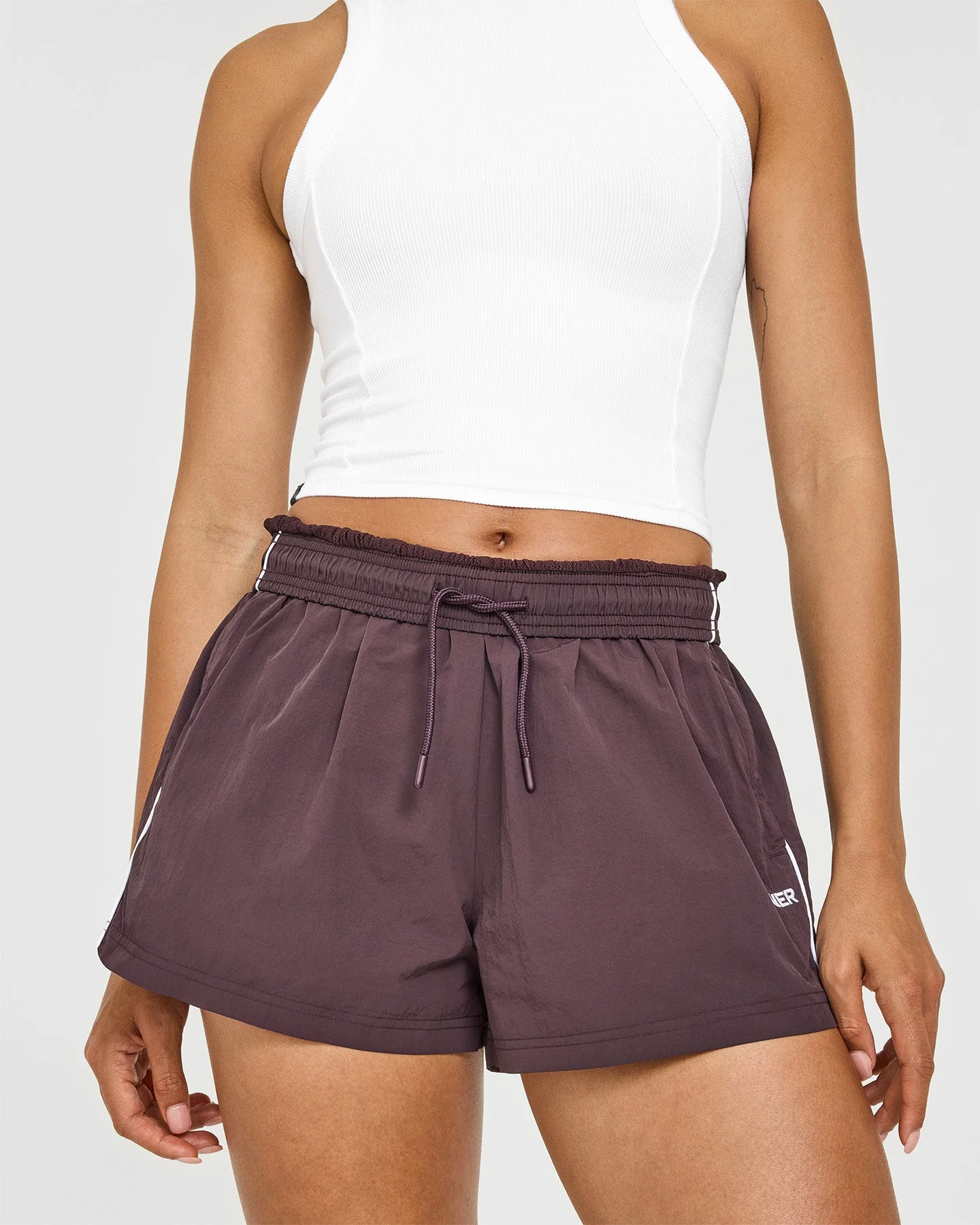 Oversized Piped Woven Track Shorts | Deep Umber Brown - Image 6