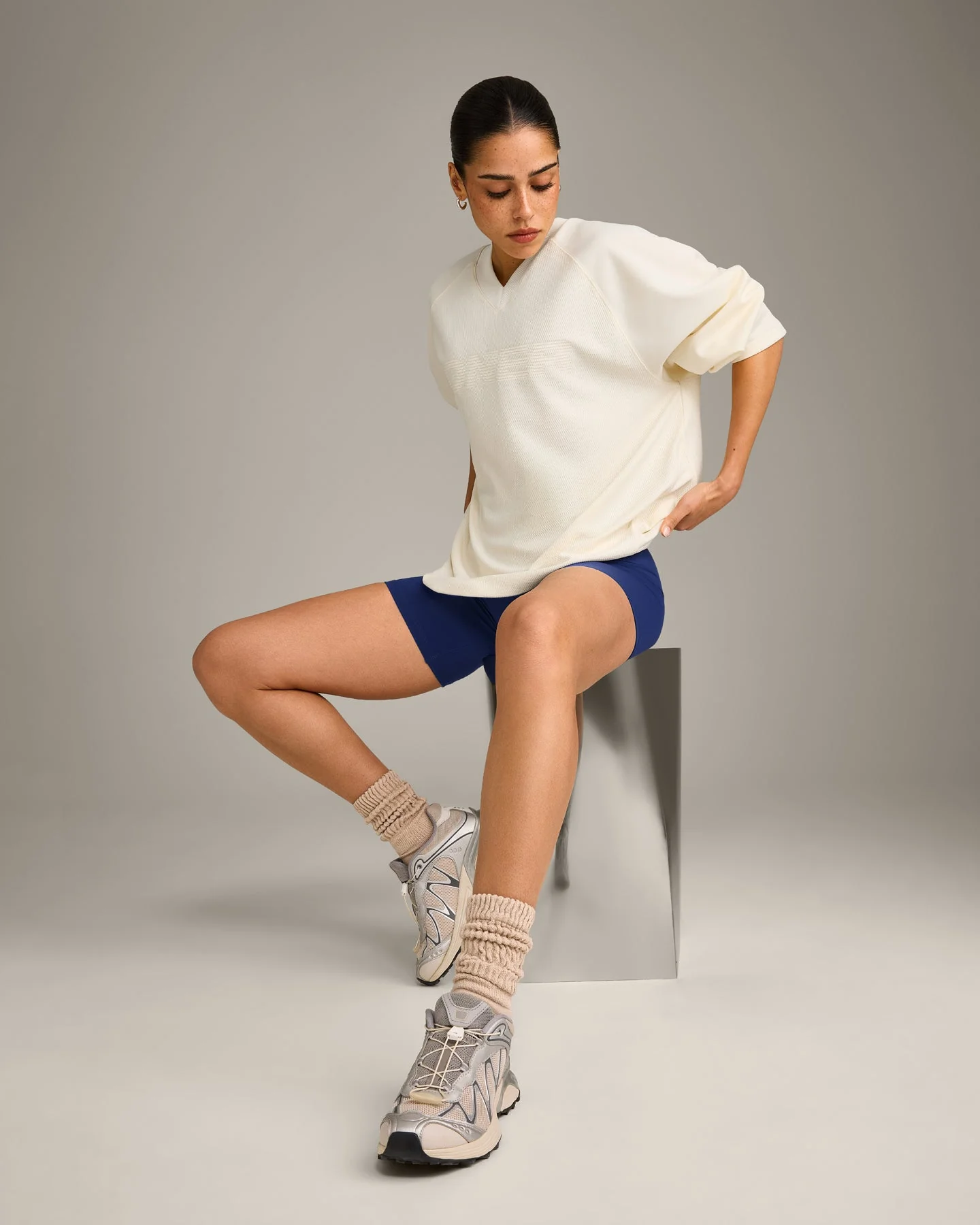 Oversized V Neck Long Sleeve T-Shirt with Oner Graphic | Off White - Image 3