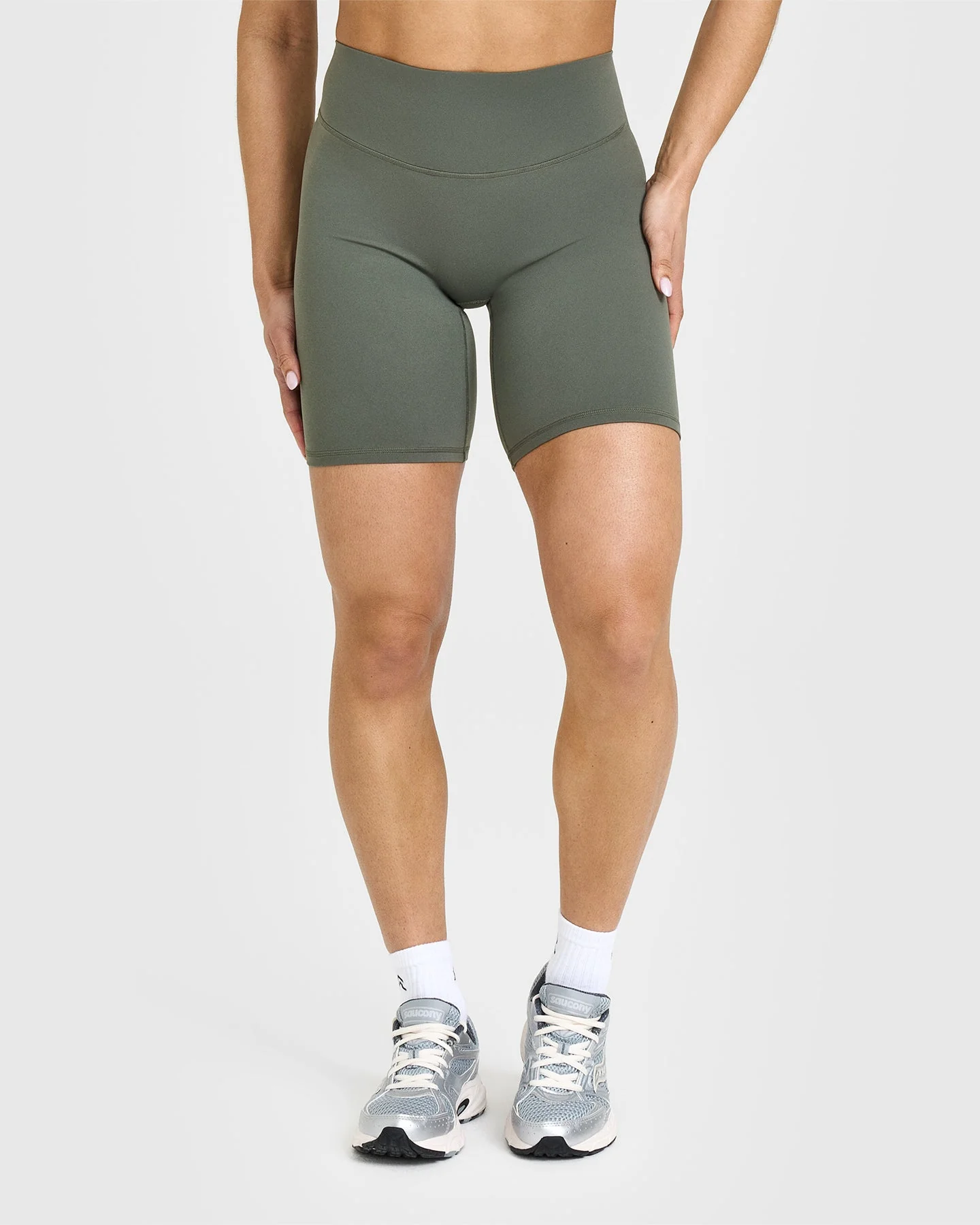 SoftMotion™ Cycling Shorts 8" with White Logo | Dark Khaki - Image 2