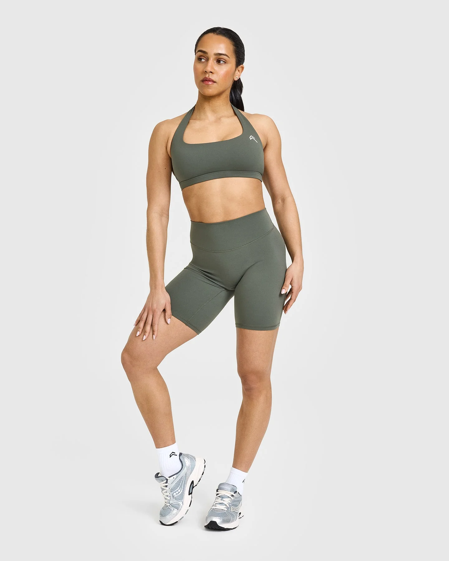 SoftMotion™ Cycling Shorts 8" with White Logo | Dark Khaki - Image 3