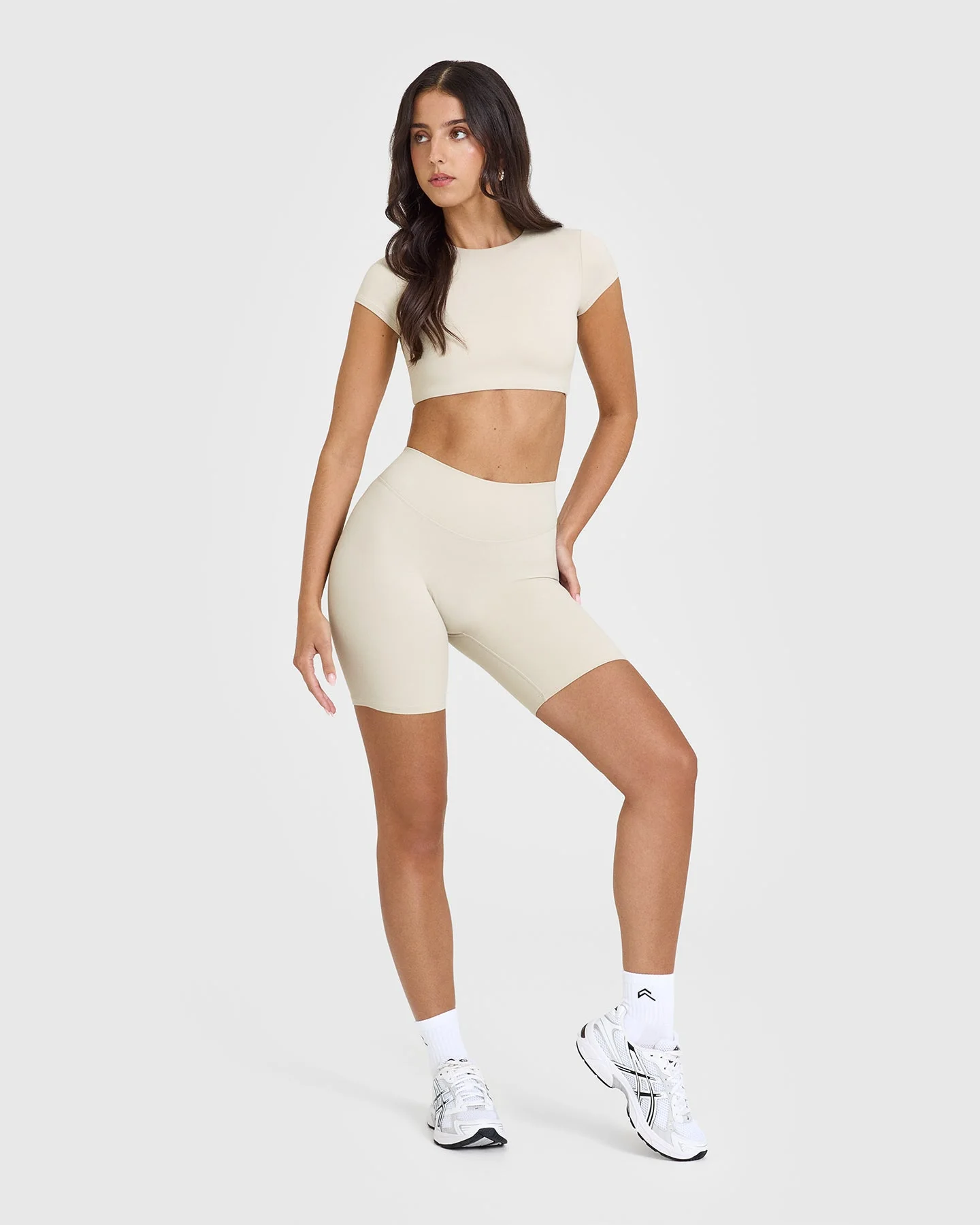 SoftMotion™ Cycling Shorts 8" with White Logo | Sand - Image 3
