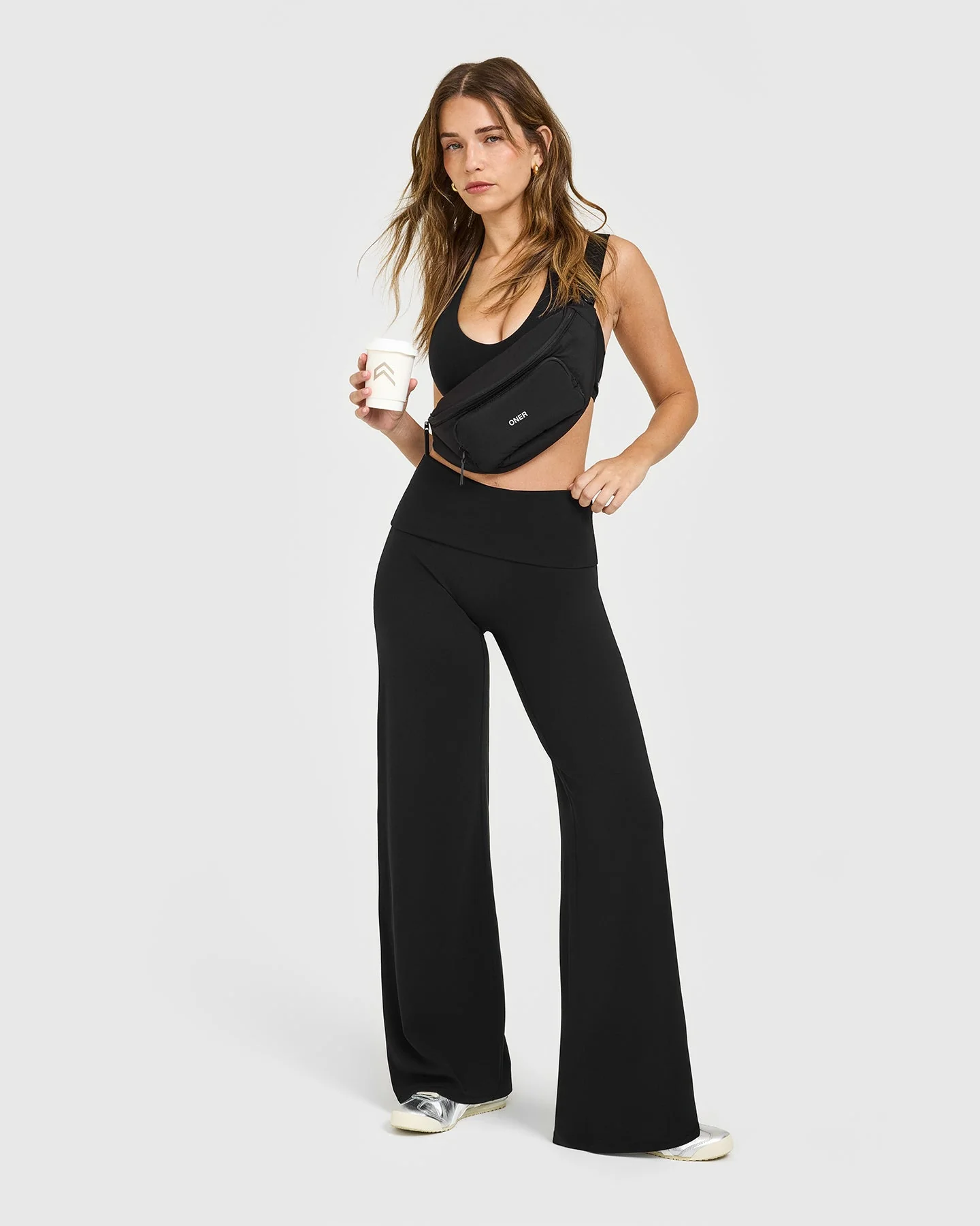 SoftMotion™ Fold Over Straight Leg Bottoms with White Logo | Black - Image 3