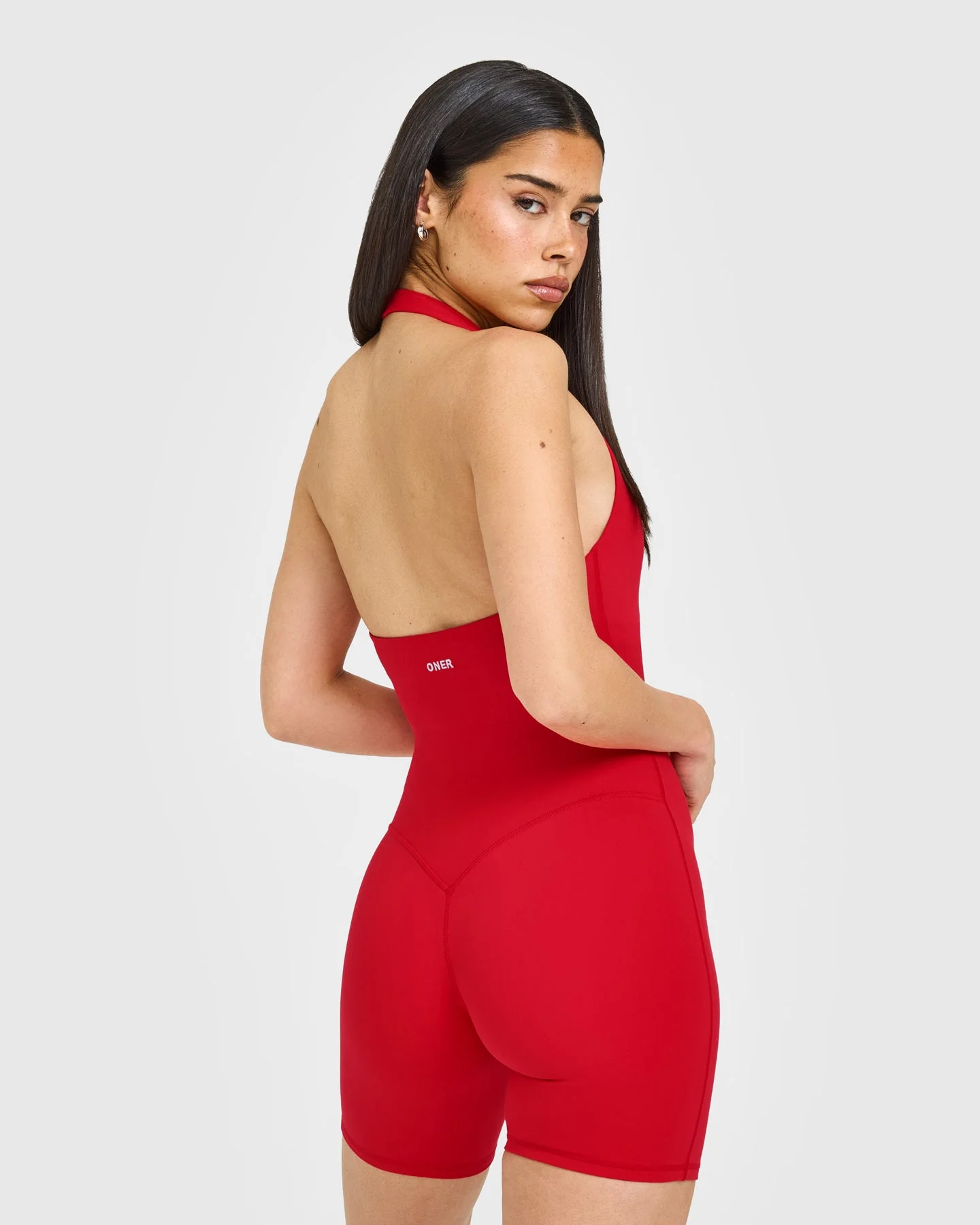 SoftMotion™ Halter Neck All In One Short with White Logo | Fiery Red - Image 4