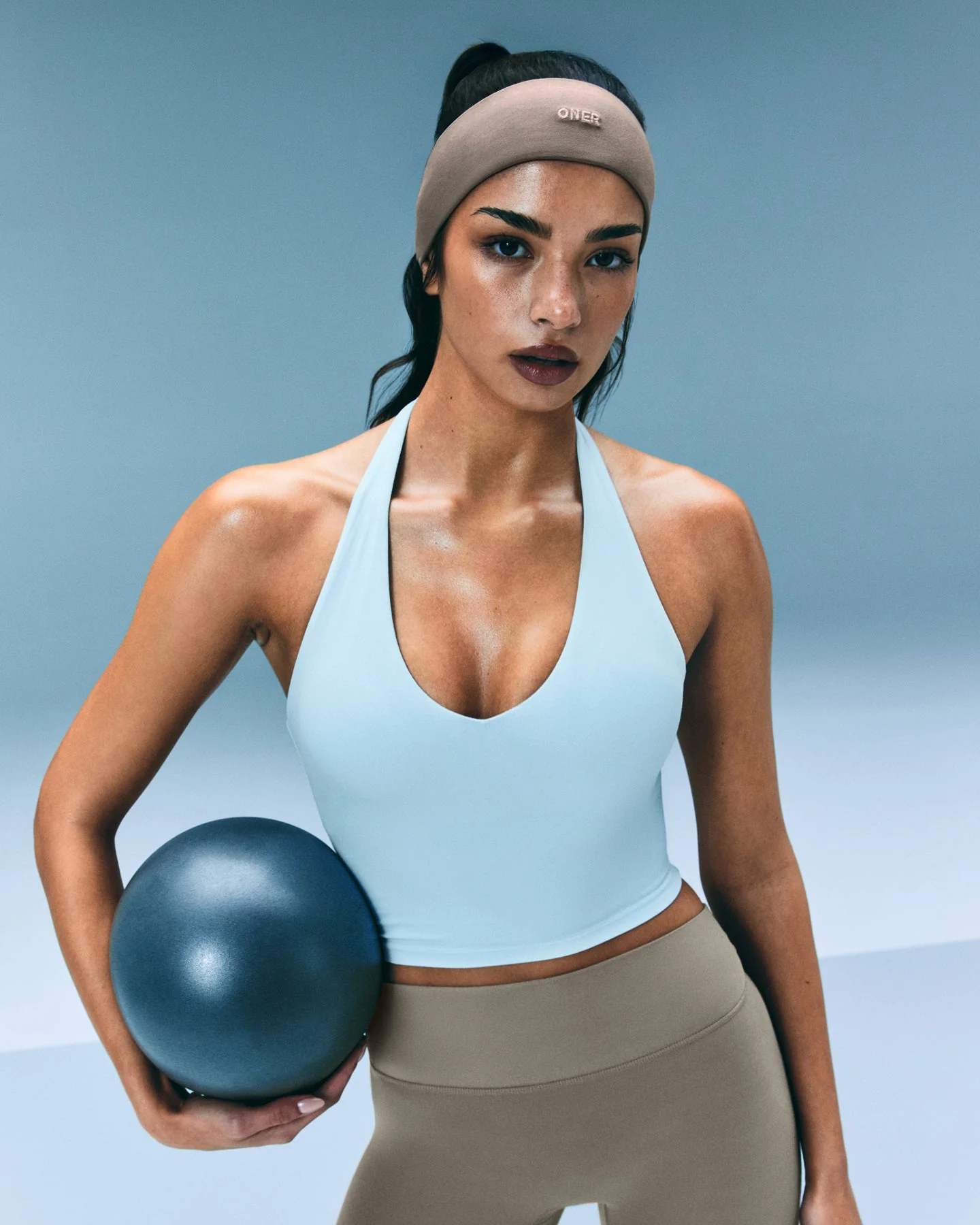 SoftMotion™ Halter Neck Mid Vest with Built in Bra Shelf with Grey Logo | Cloud Blue - Image 2