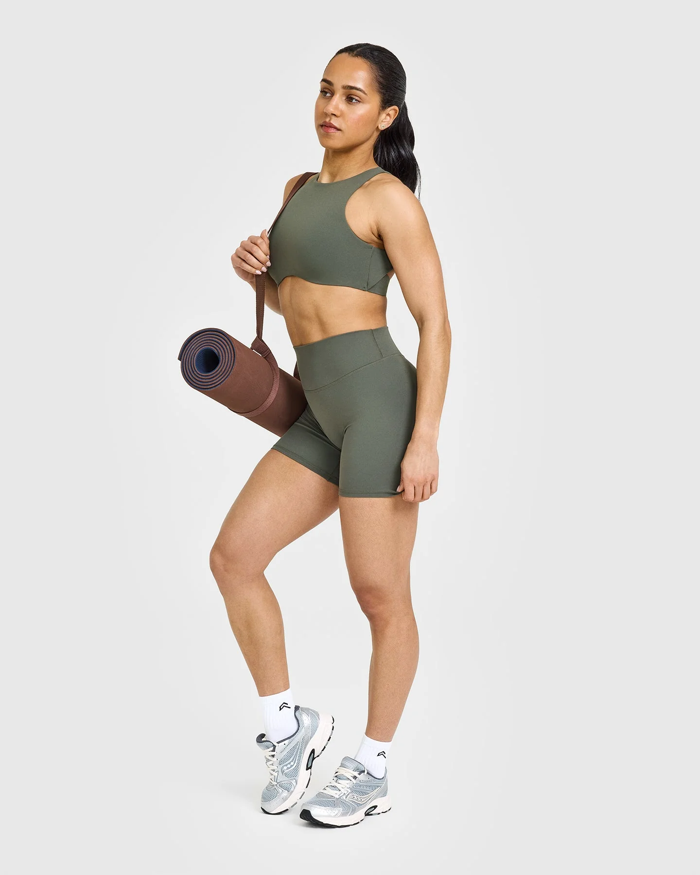 SoftMotion™ High Neck Sports Bra with White Logo | Dark Khaki - Image 3