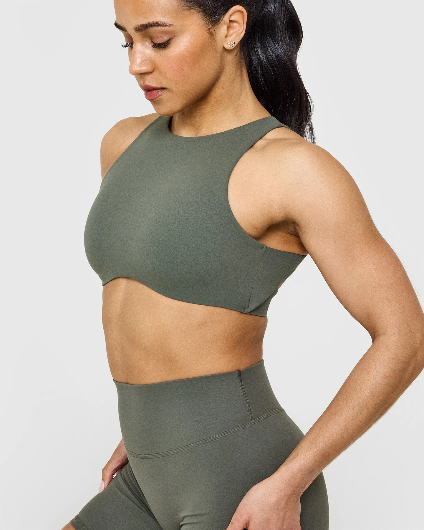 SoftMotion™ High Neck Sports Bra with White Logo | Dark Khaki - Image 5