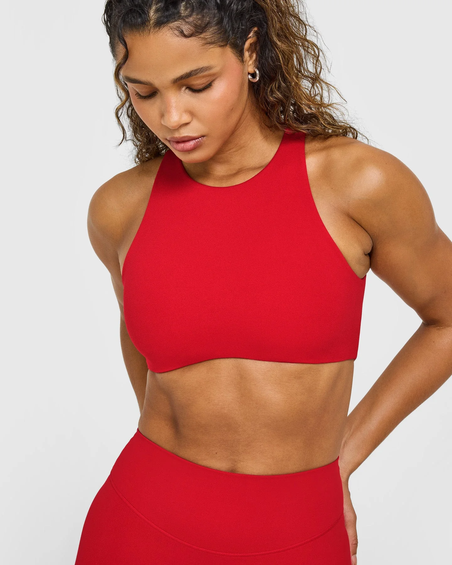 SoftMotion™ High Neck Sports Bra with White Logo | Light Toasted Red - Image 5