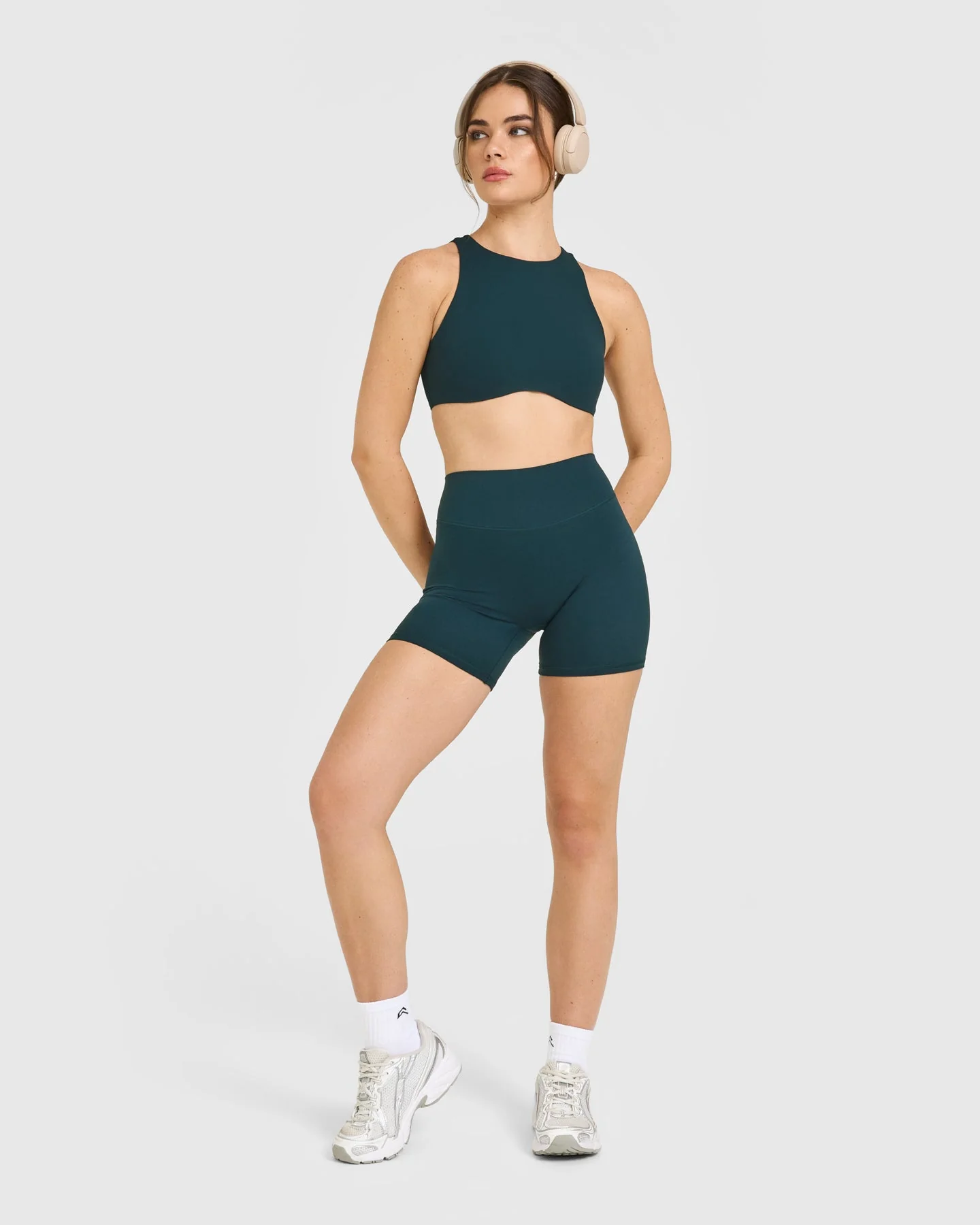 SoftMotion™ High Neck Sports Bra with White Logo | Oil Blue - Image 3