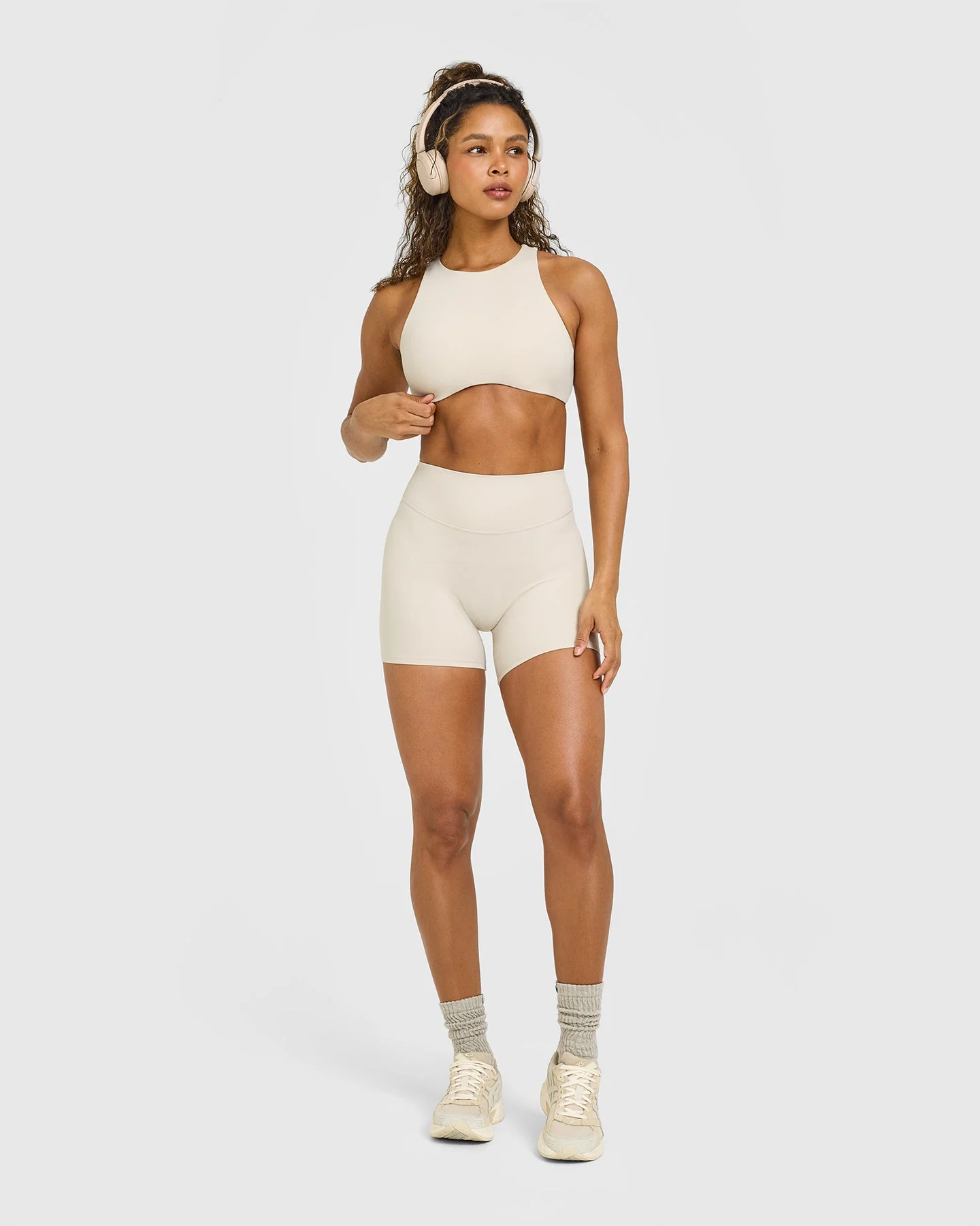 SoftMotion™ High Neck Sports Bra with White Logo | Sand - Image 3