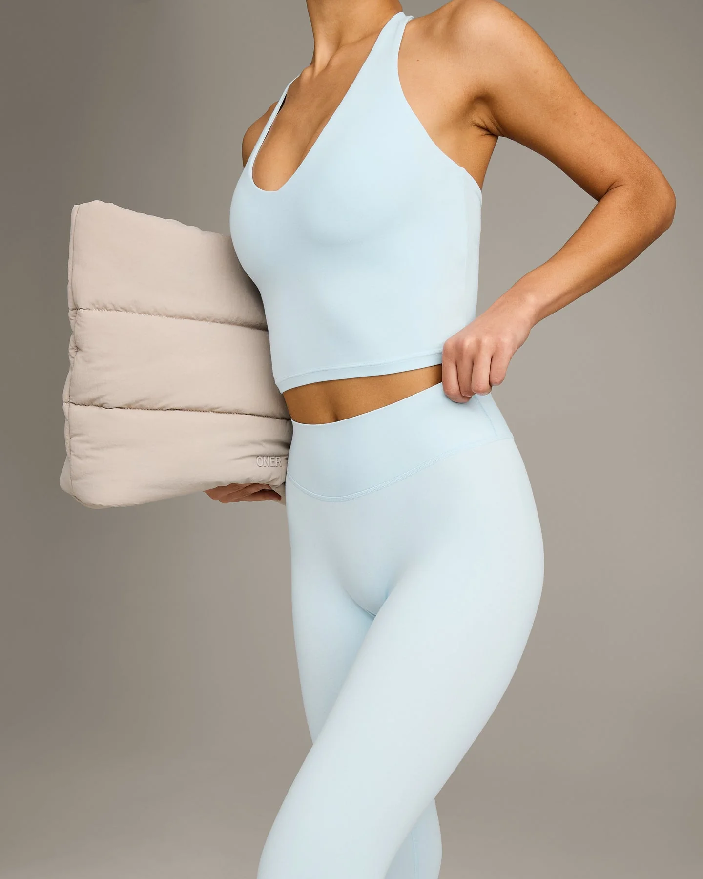SoftMotion™ High Waisted Capri Leggings with Grey Logo | Cloud Blue - Image 3