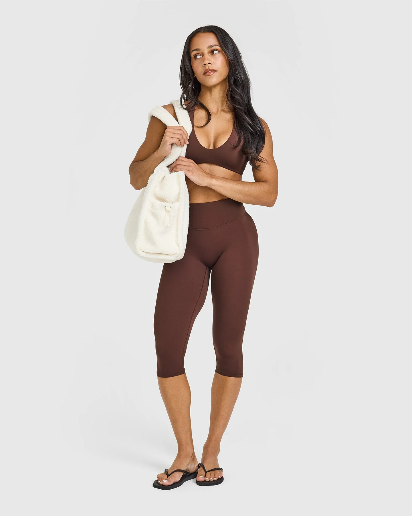 SoftMotion™ High Waisted Capri Leggings with White Logo | Espresso Brown - Image 3
