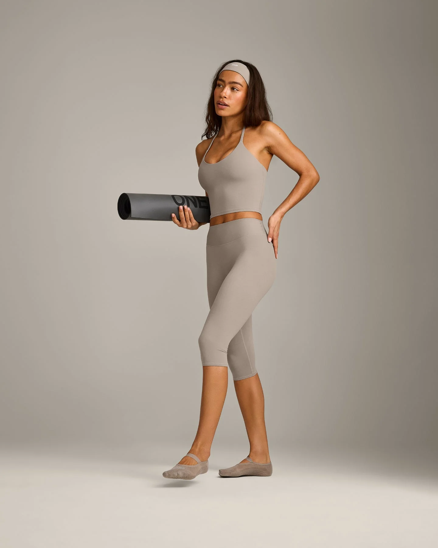 SoftMotion™ High Waisted Capri Leggings with White Logo | Warm Sand - Image 3