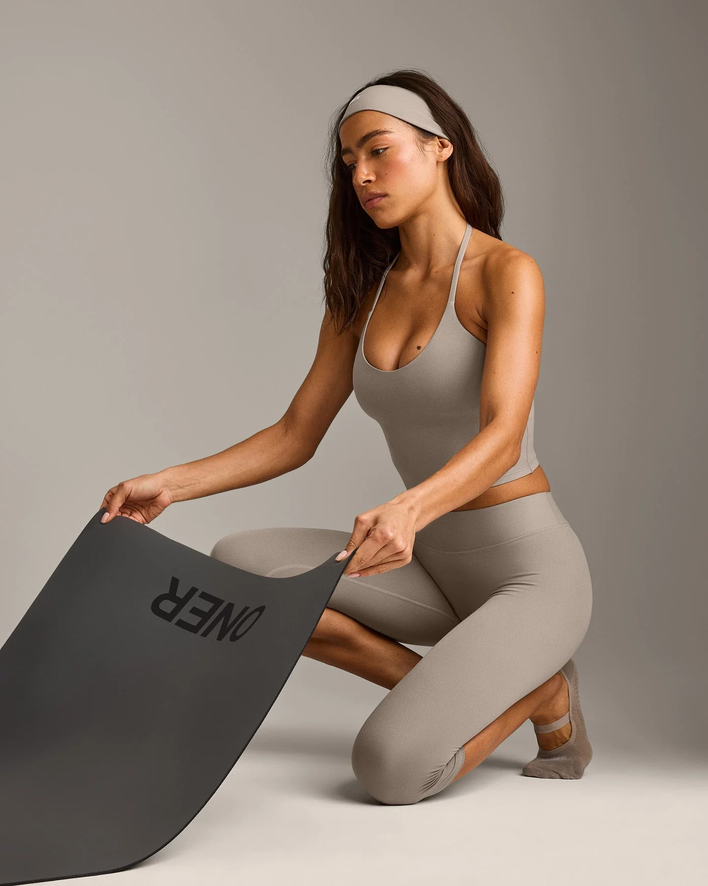 SoftMotion™ High Waisted Capri Leggings with White Logo | Warm Sand - Image 4