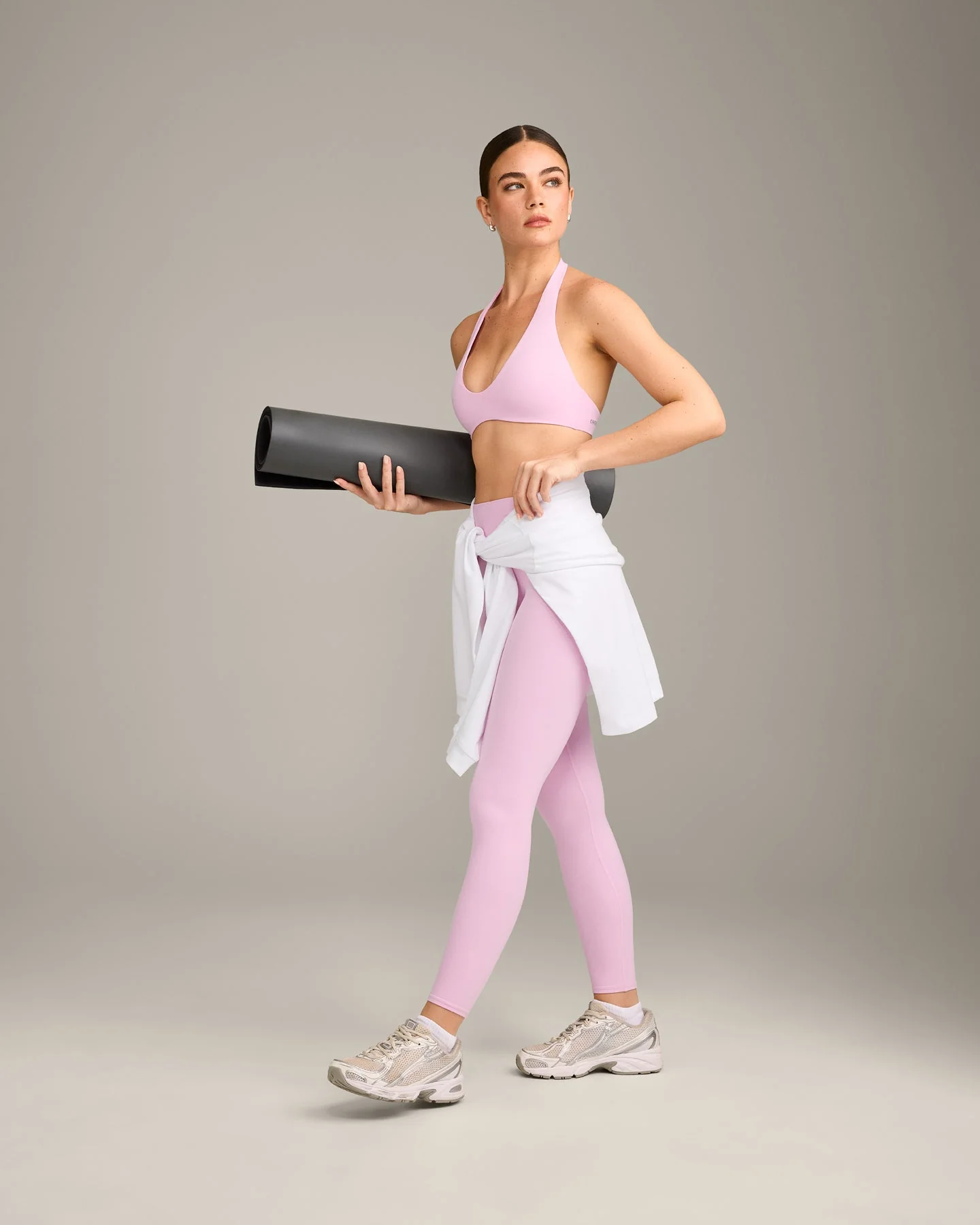 SoftMotion™ High Waisted Leggings with Grey Logo | Chalk Pink - Image 3