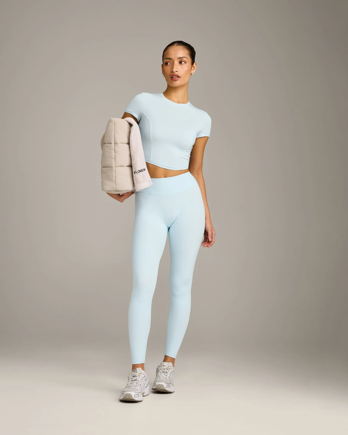 SoftMotion™ High Waisted Leggings with Grey Logo | Cloud Blue - Image 3