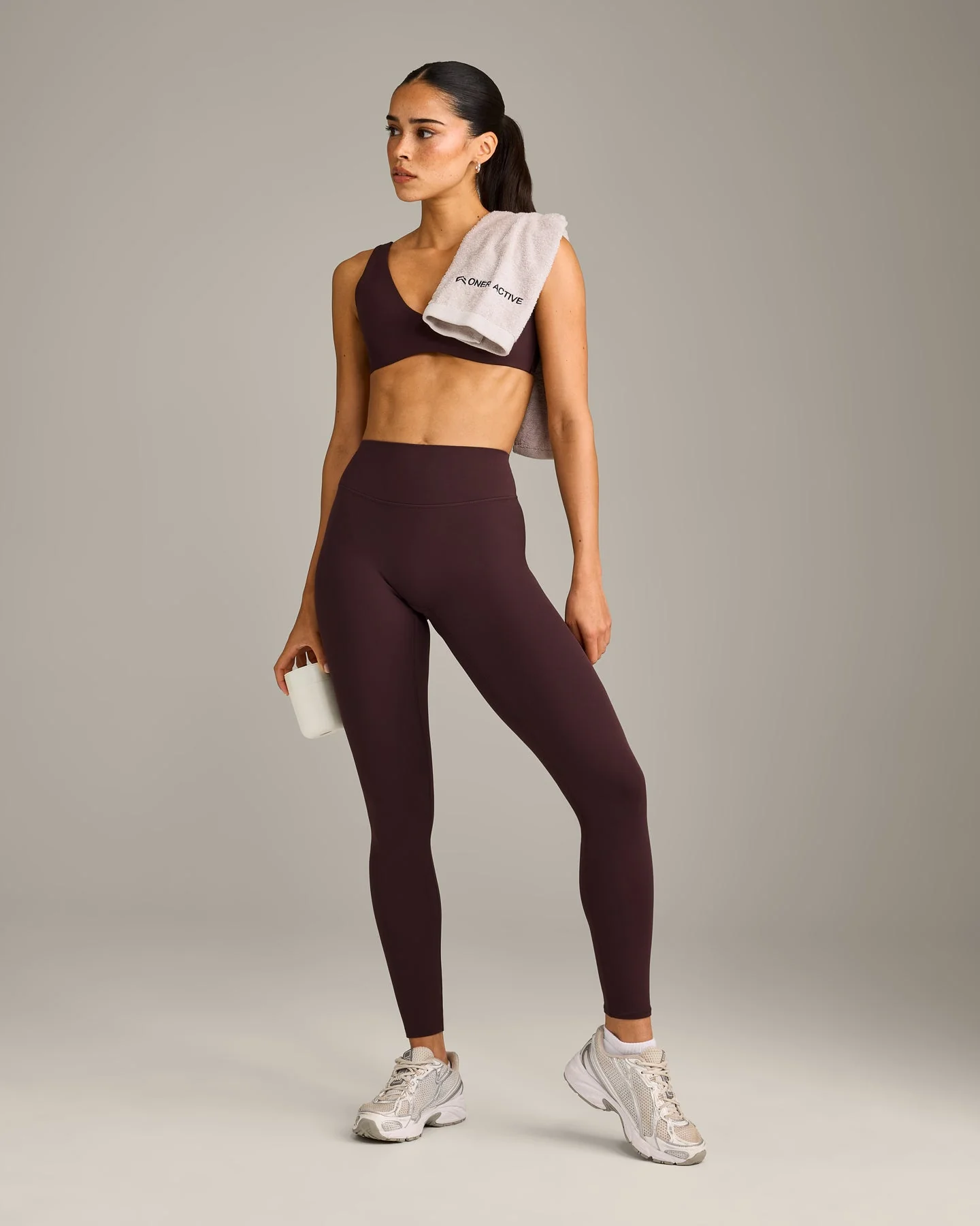 SoftMotion™ High Waisted Leggings with Grey Logo | Plum Brown - Image 3