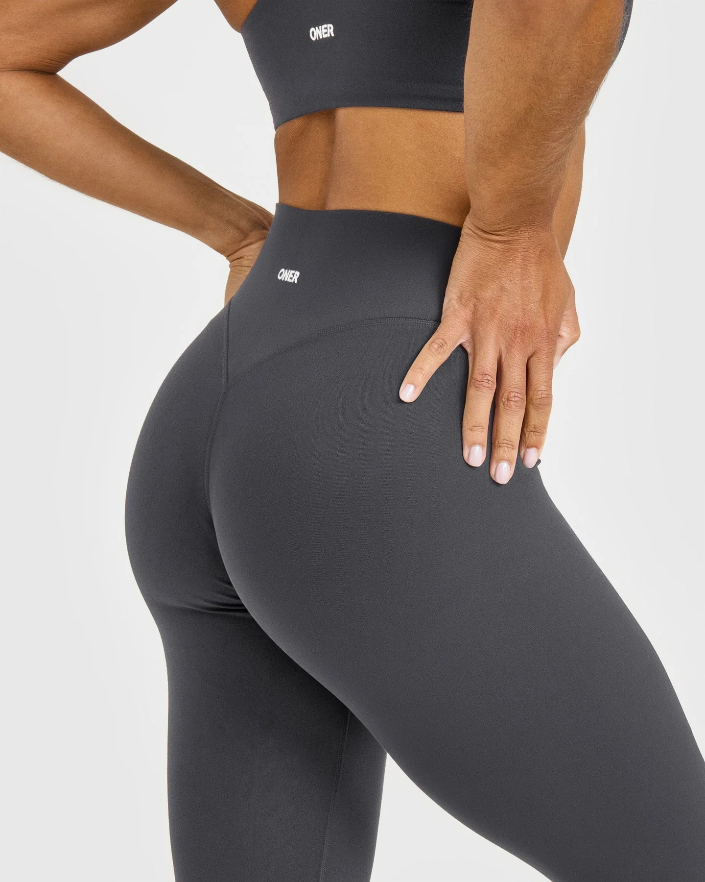 SoftMotion™ High Waisted Leggings with White Logo | Coal - Image 4
