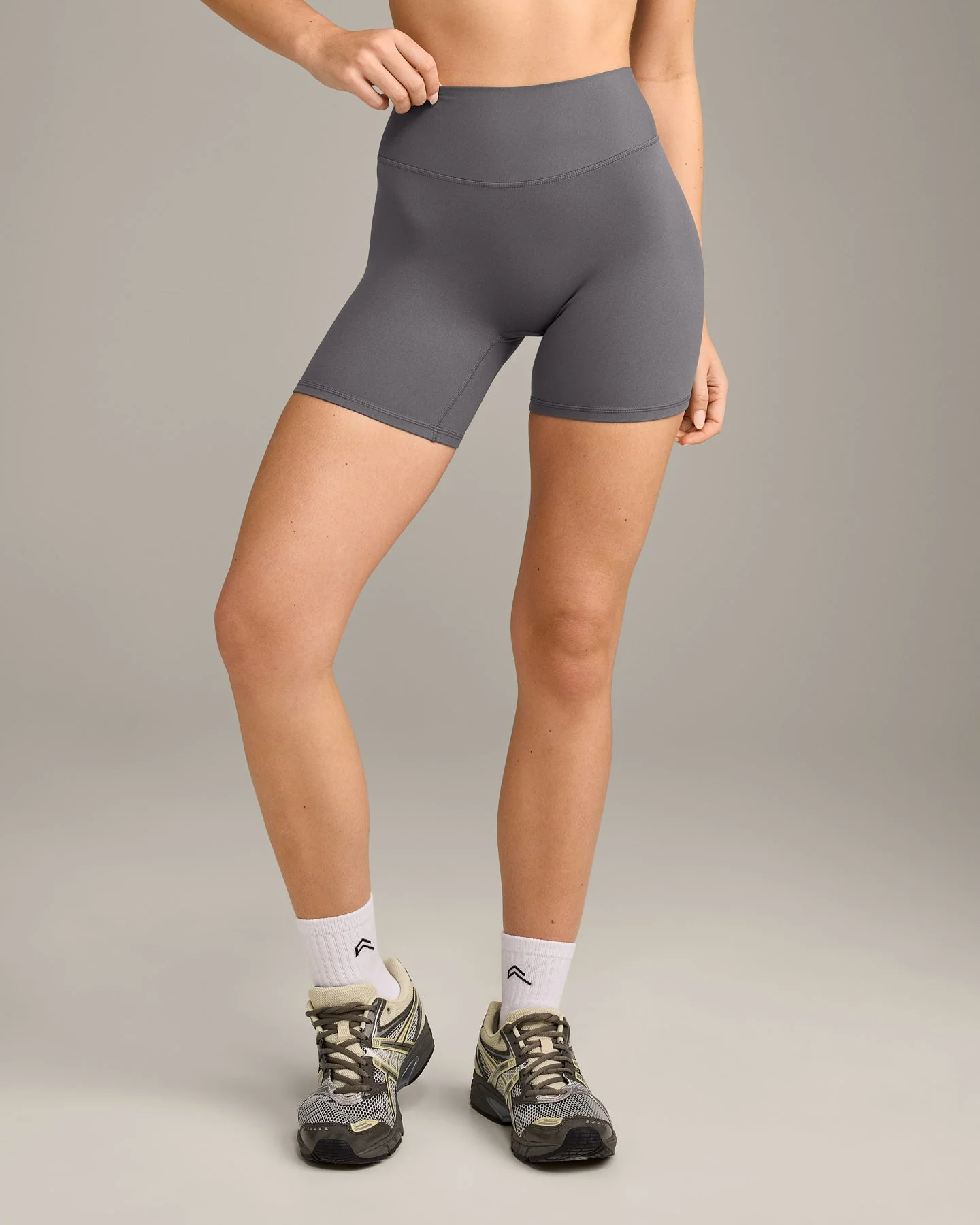 SoftMotion™ High Waisted Shorts 6" with Grey Logo | Ash Grey - Image 6