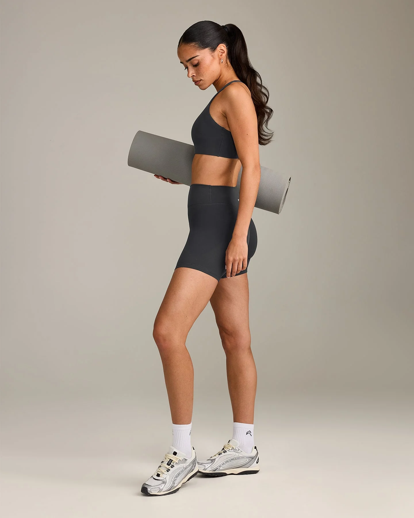 SoftMotion™ High Waisted Shorts 6" with Grey Logo | Coal - Image 3