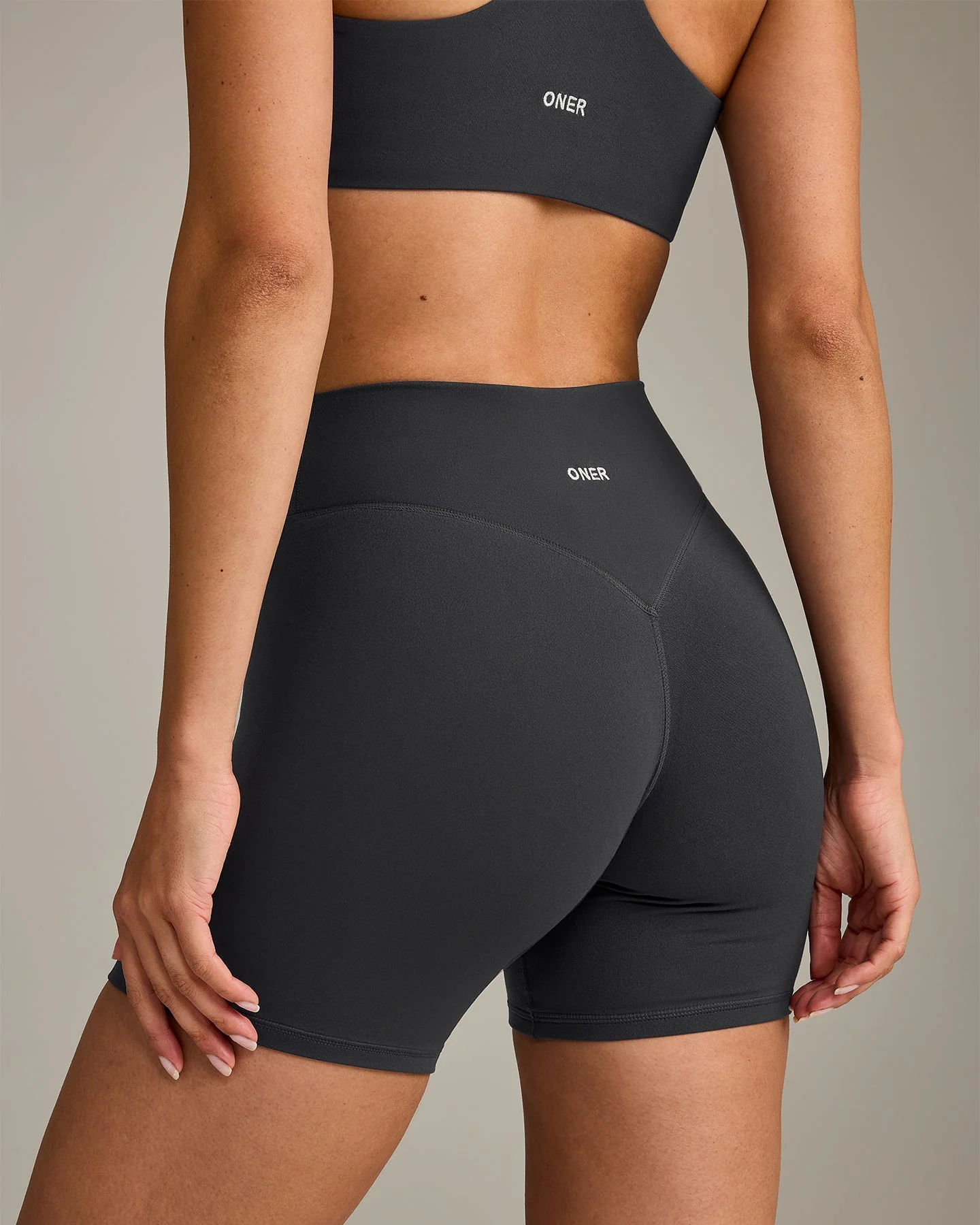 SoftMotion™ High Waisted Shorts 6" with Grey Logo | Coal - Image 5