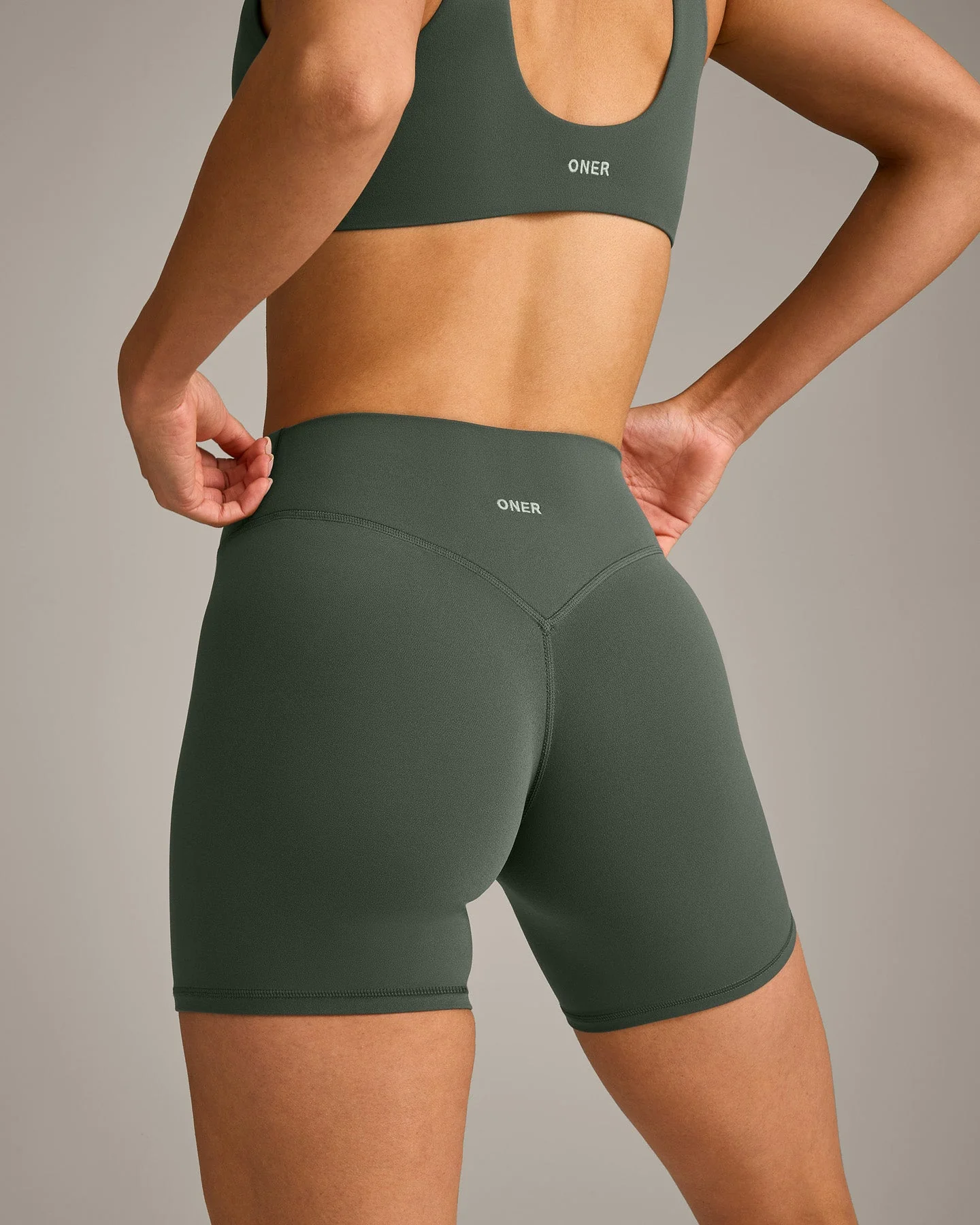 SoftMotion™ High Waisted Shorts 6" with Grey Logo | Dark Khaki - Image 5