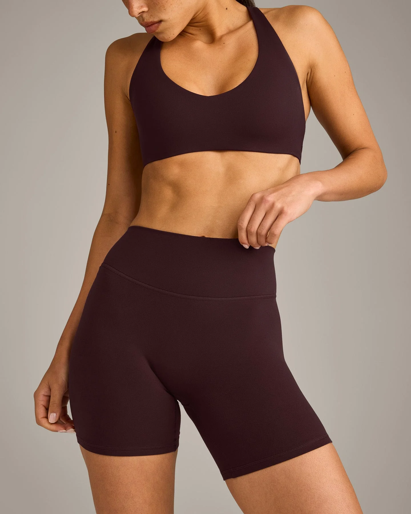 SoftMotion™ High Waisted Shorts 6" with Grey Logo | Plum Brown - Image 5