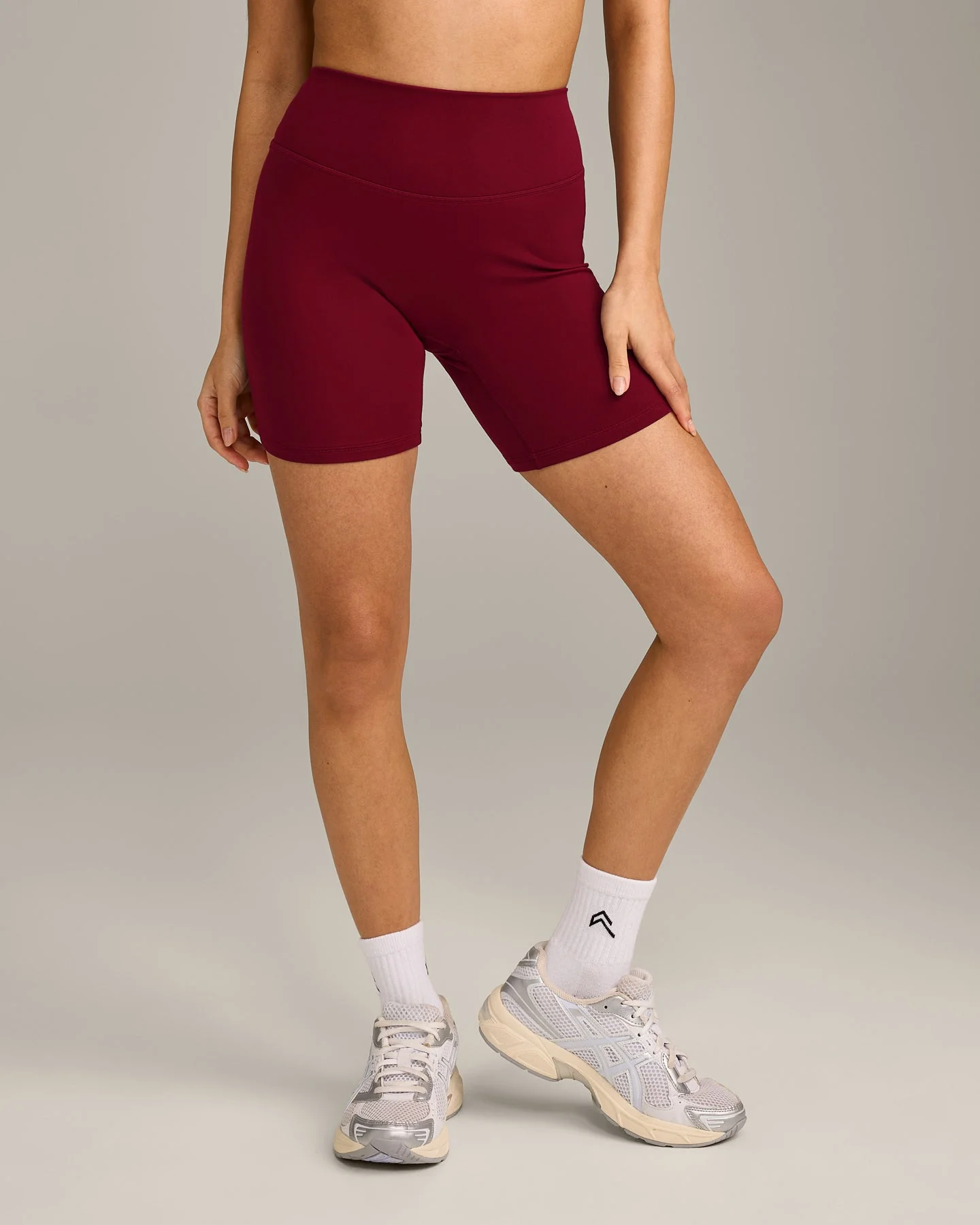 SoftMotion™ High Waisted Shorts 6" with Grey Logo | Ruby Red - Image 2