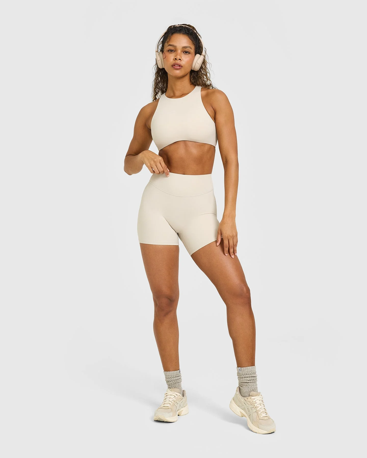 SoftMotion™ High Waisted Shorts 6" with White Logo | Sand - Image 3