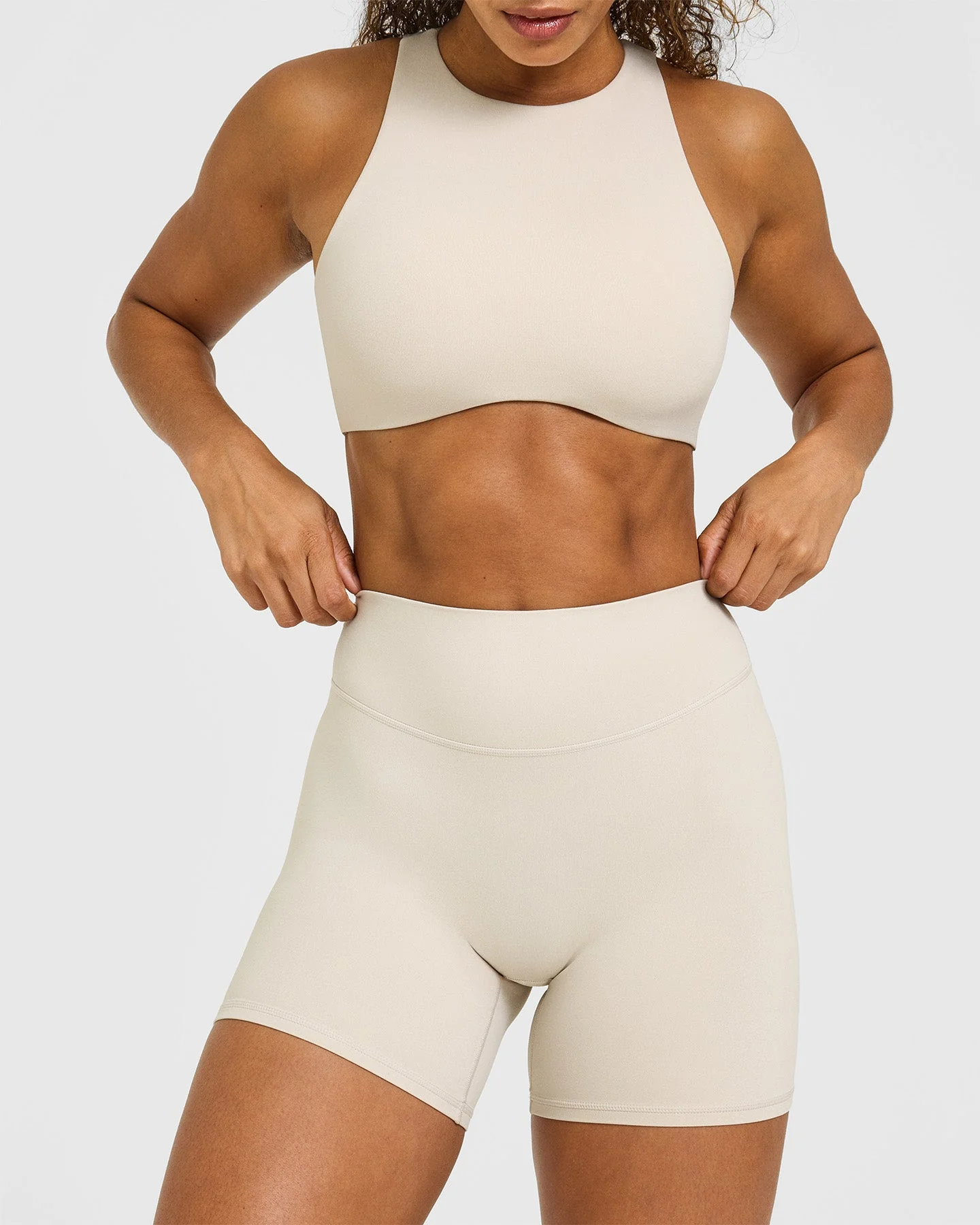 SoftMotion™ High Waisted Shorts 6" with White Logo | Sand - Image 5