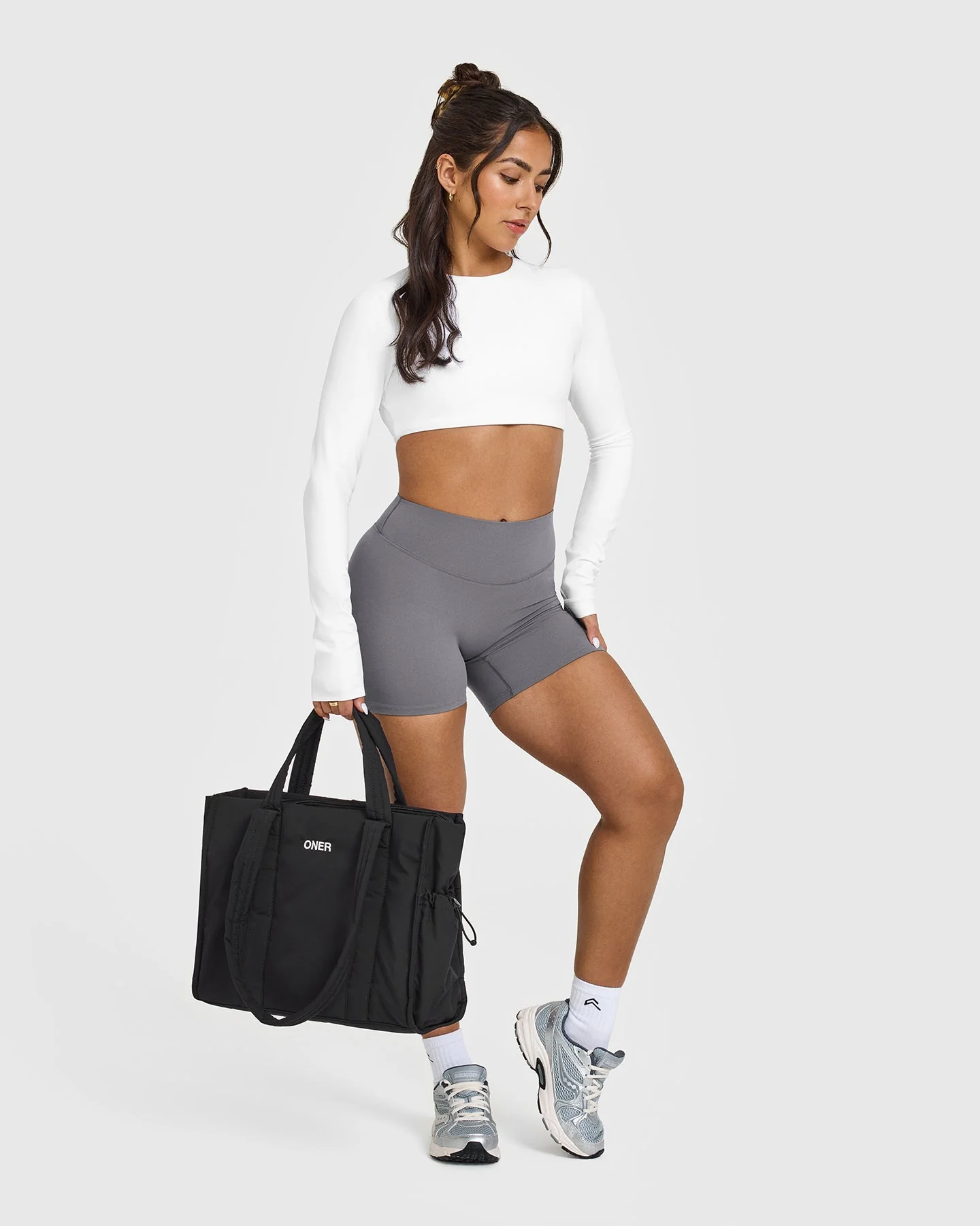 SoftMotion™ Long Sleeve Crop Top with White Logo | White - Image 3