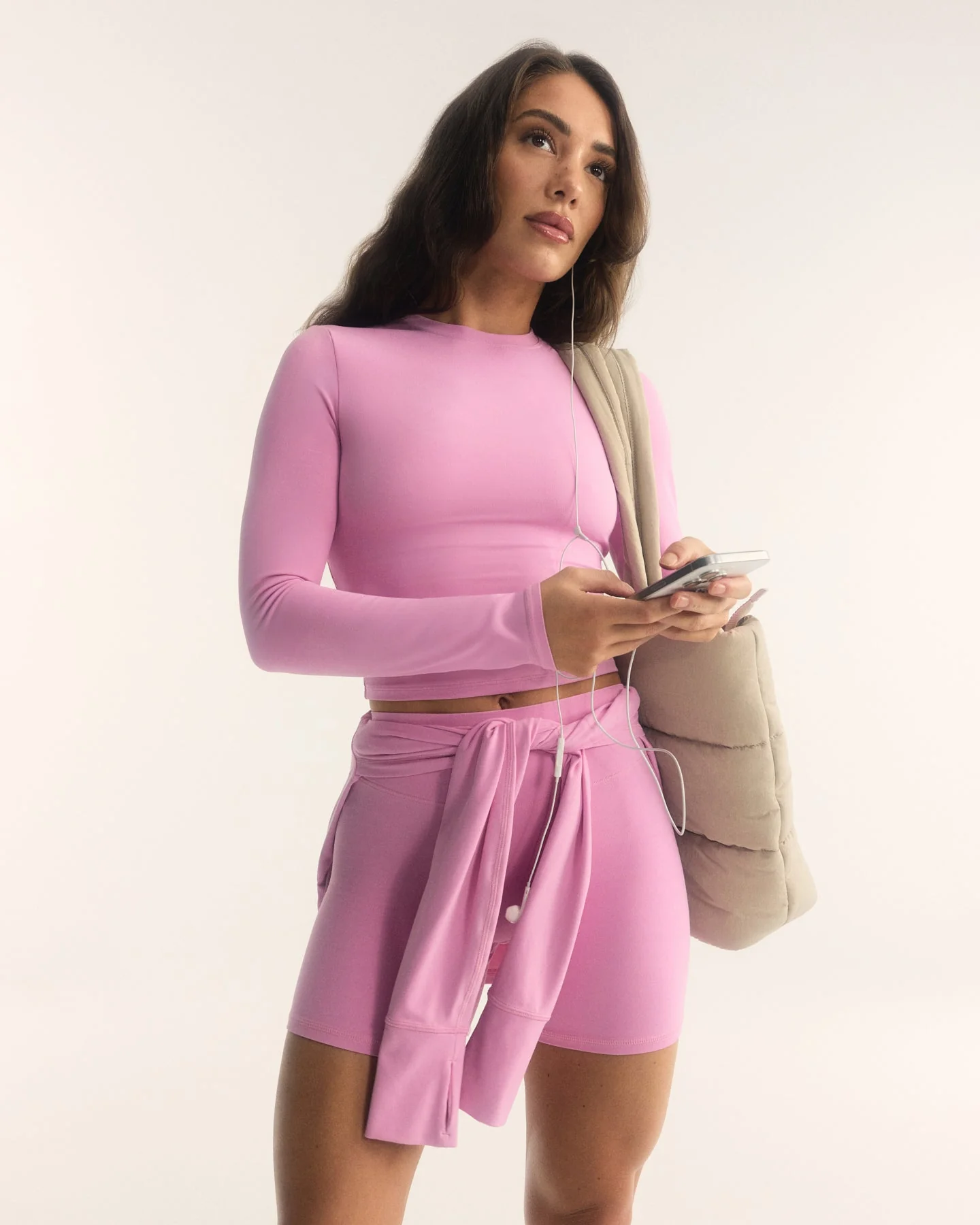 SoftMotion™ Long Sleeve Mid Top with White Logo | Rose Pink - Image 2