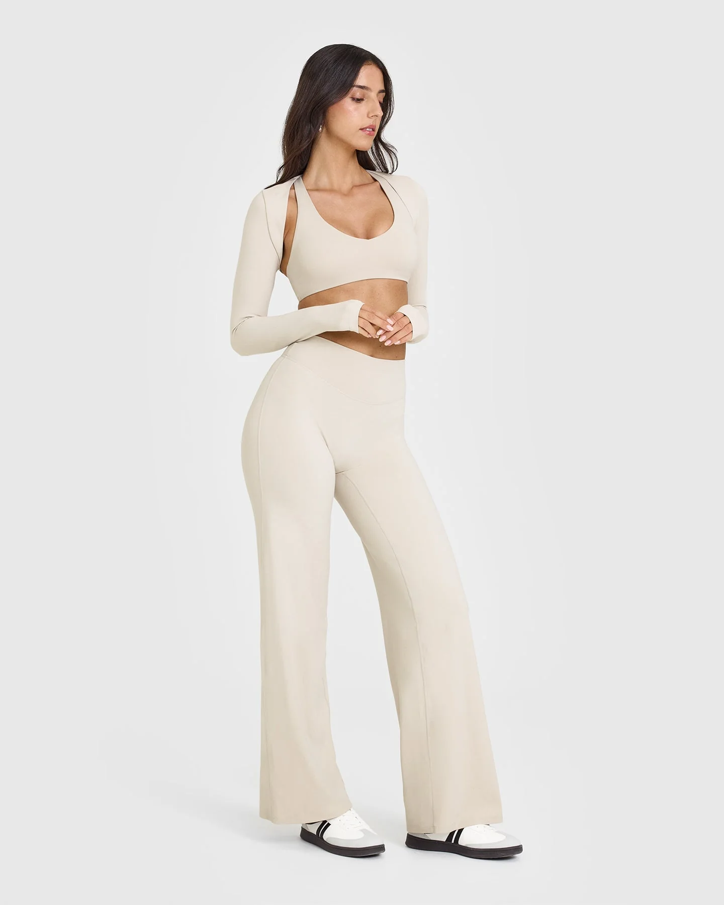 SoftMotion™ Long Sleeve Shrug with White Logo | Sand - Image 3