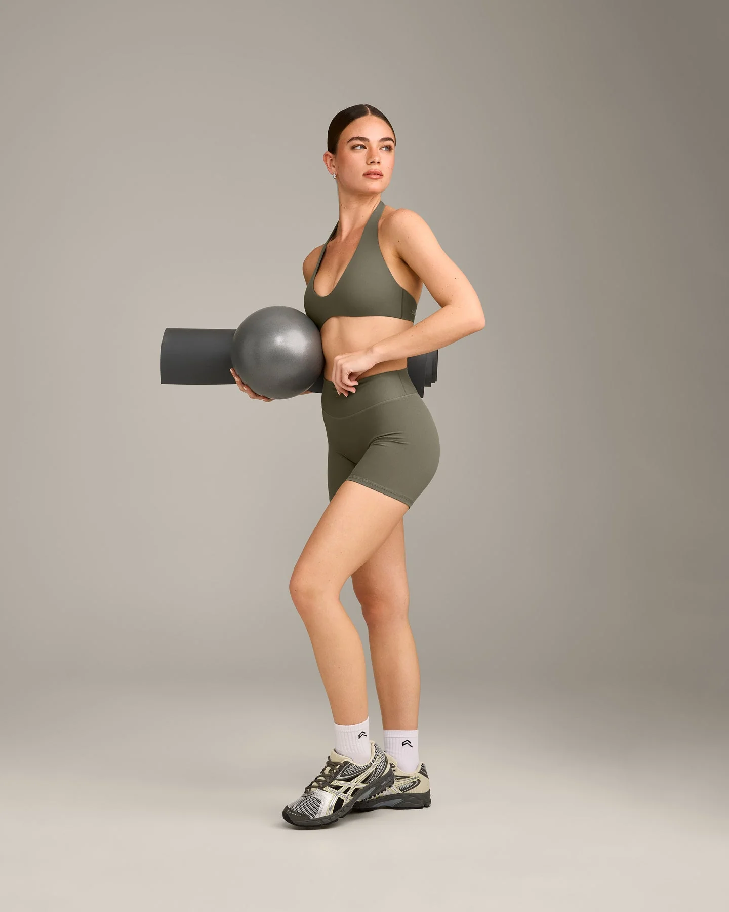 SoftMotion™ Minimal Halter Neck Bralette with Grey Logo | Alpine Green - Image 3