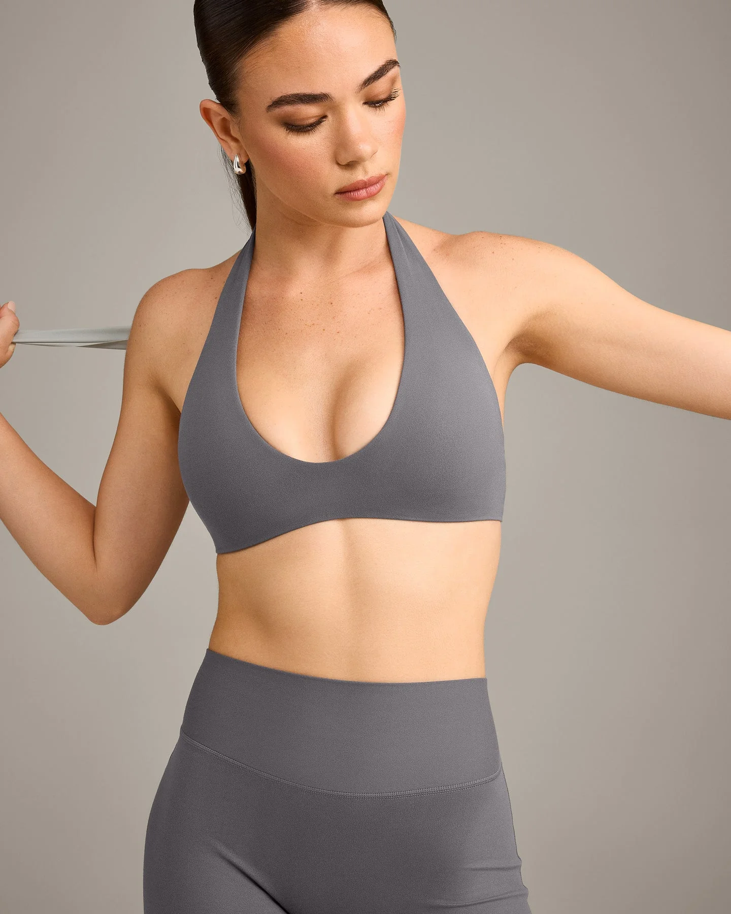 SoftMotion™ Minimal Halter Neck Bralette with Grey Logo | Ash Grey - Image 4